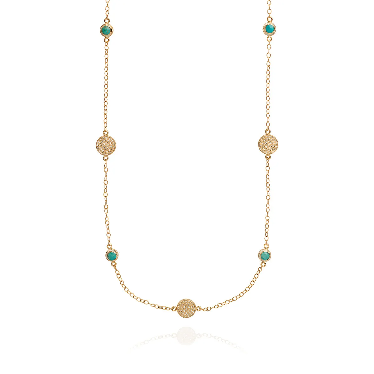 Long Gold Necklace with Multiple Discs in Eye-Catching Turquoise - Design AB NK10085