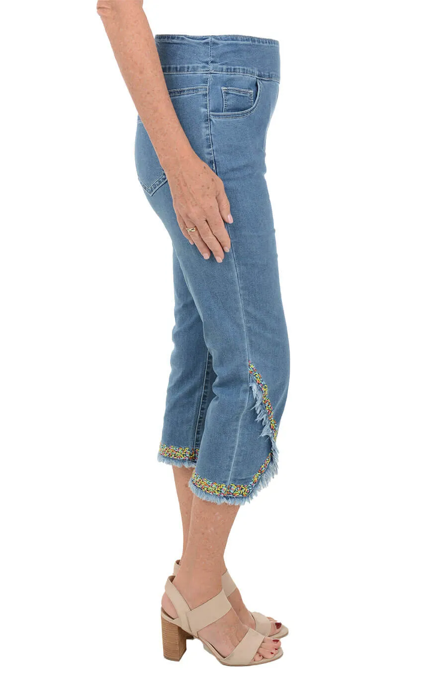 Angular Fringe Pull-On Denim Capri Pant