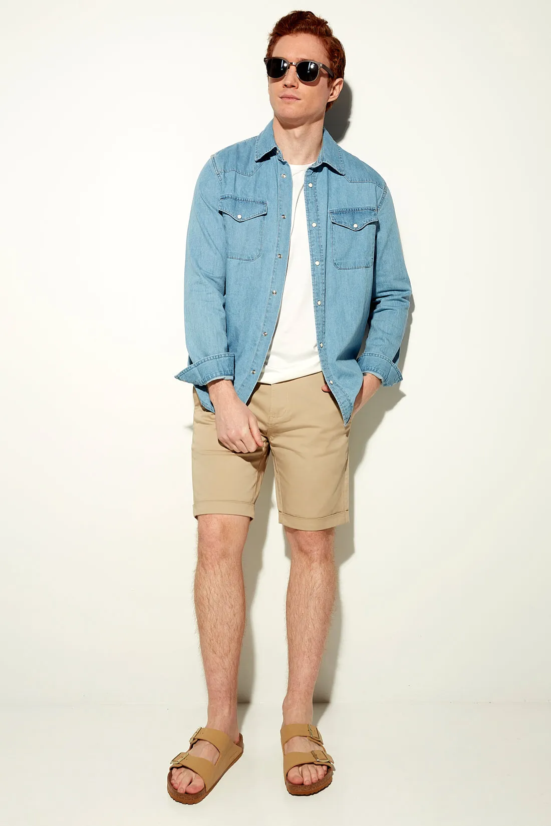 BILLY - Elastic Waist Roll Up Shorts - Tan