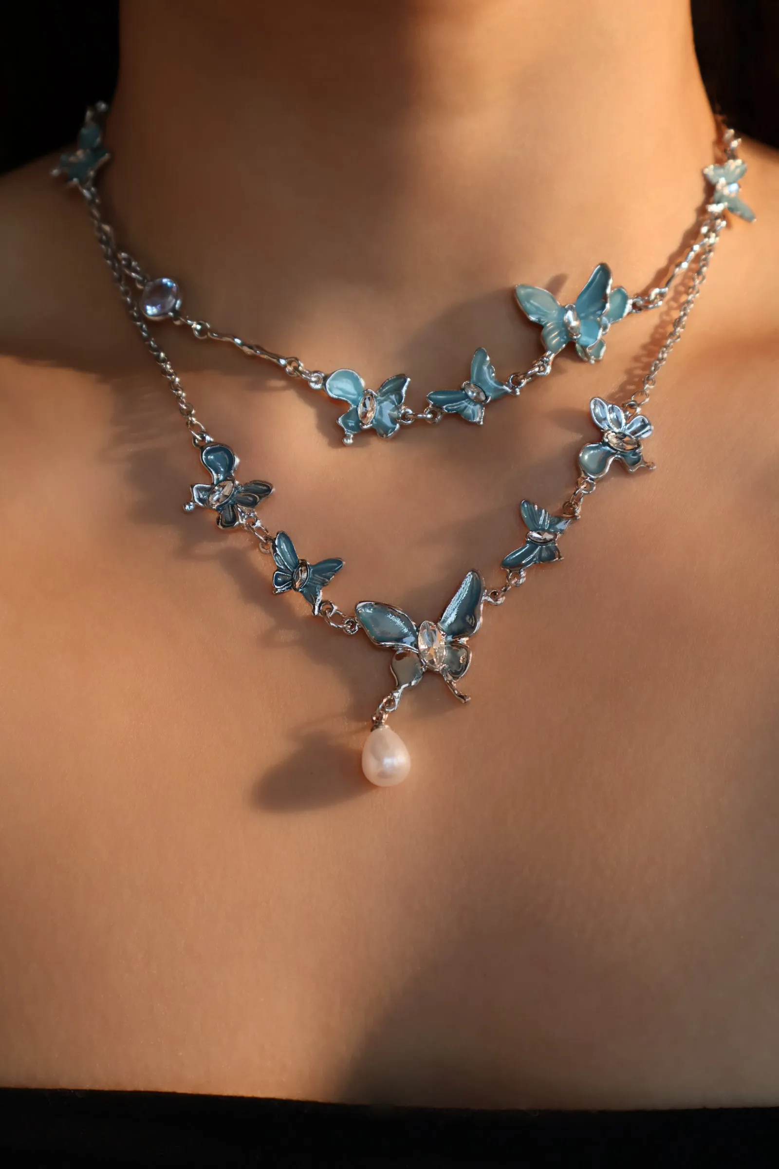 Blue Butterfly Pearls Necklace