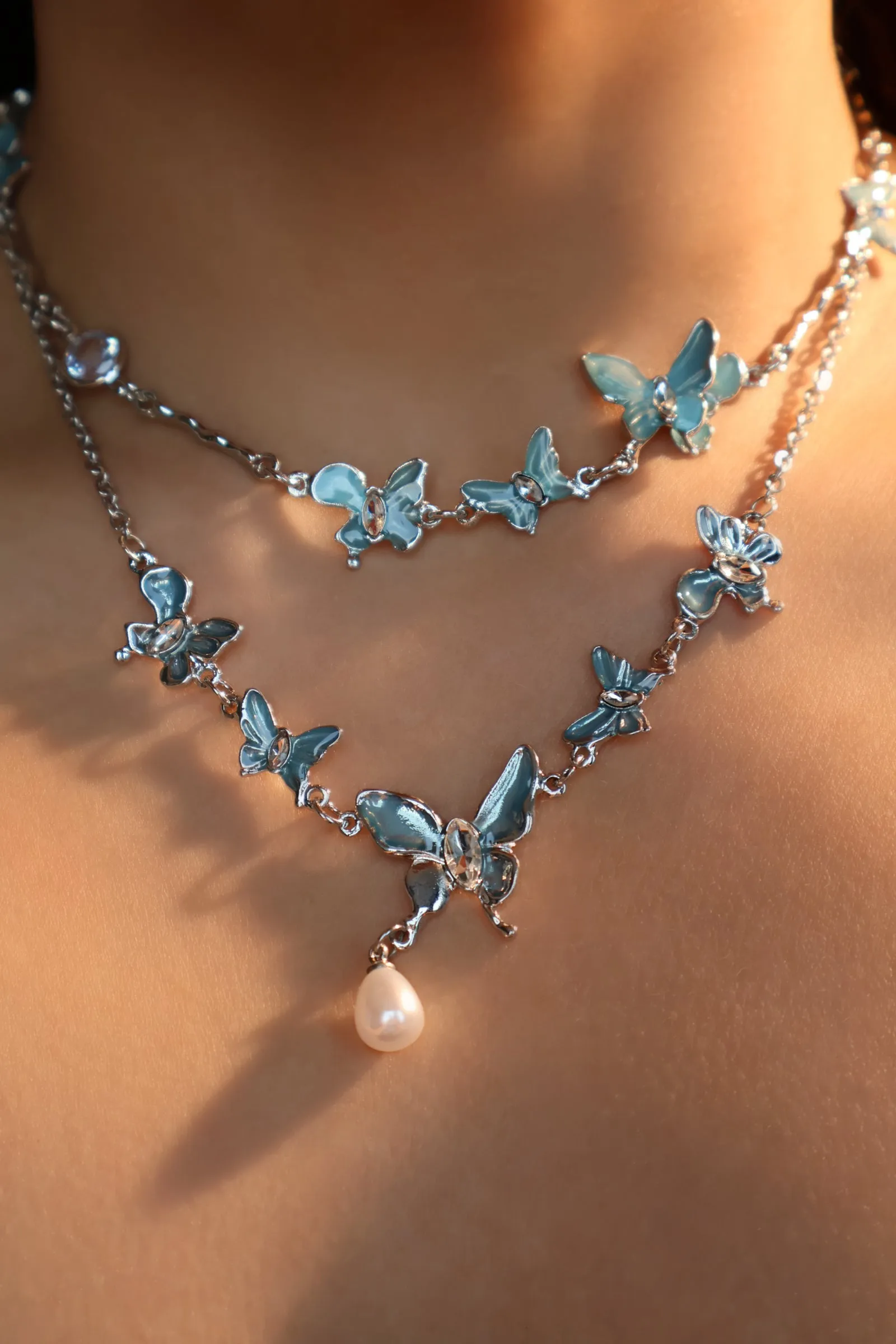 Blue Butterfly Pearls Necklace