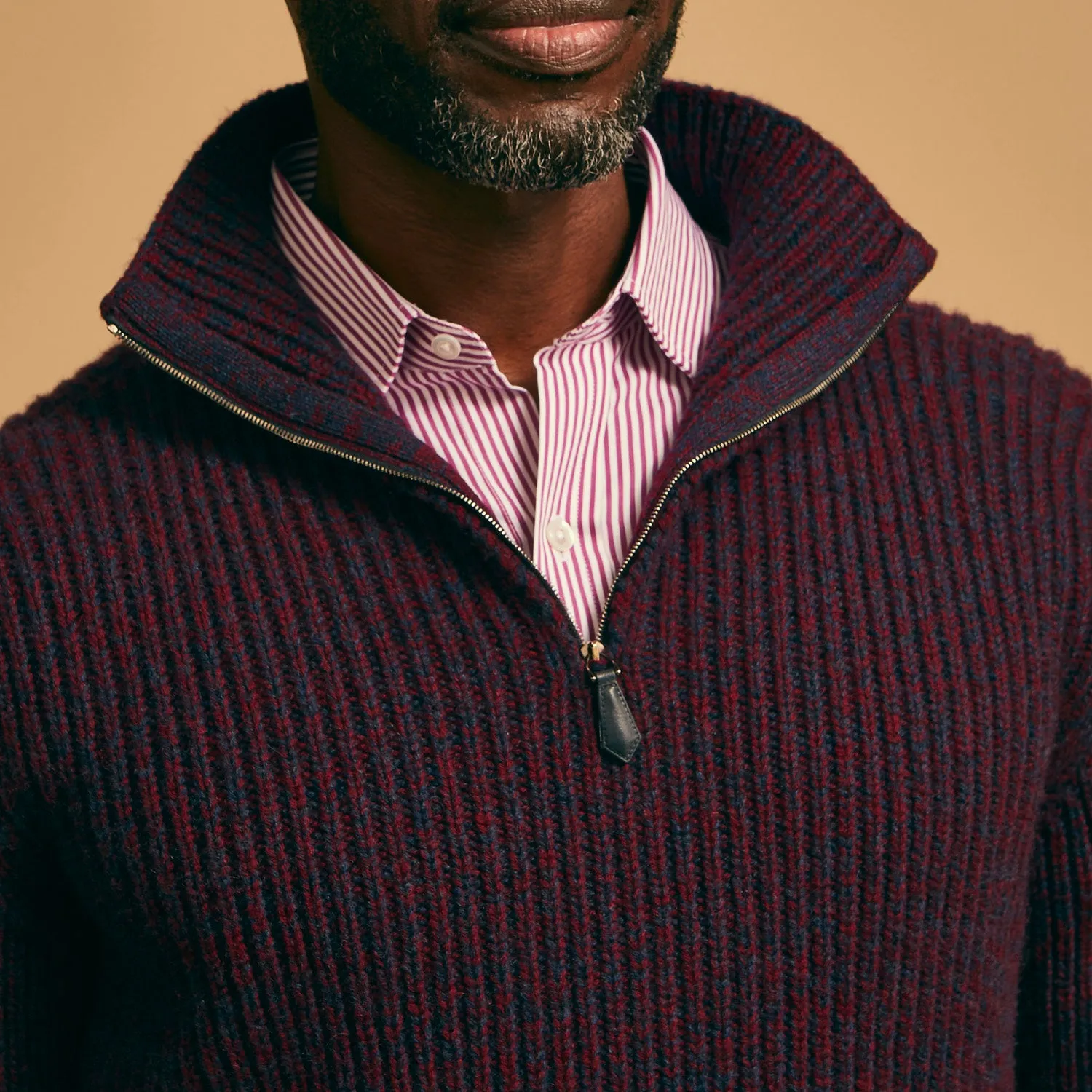 Burgundy Mullion Half Zip Rib Cashmere Jumper