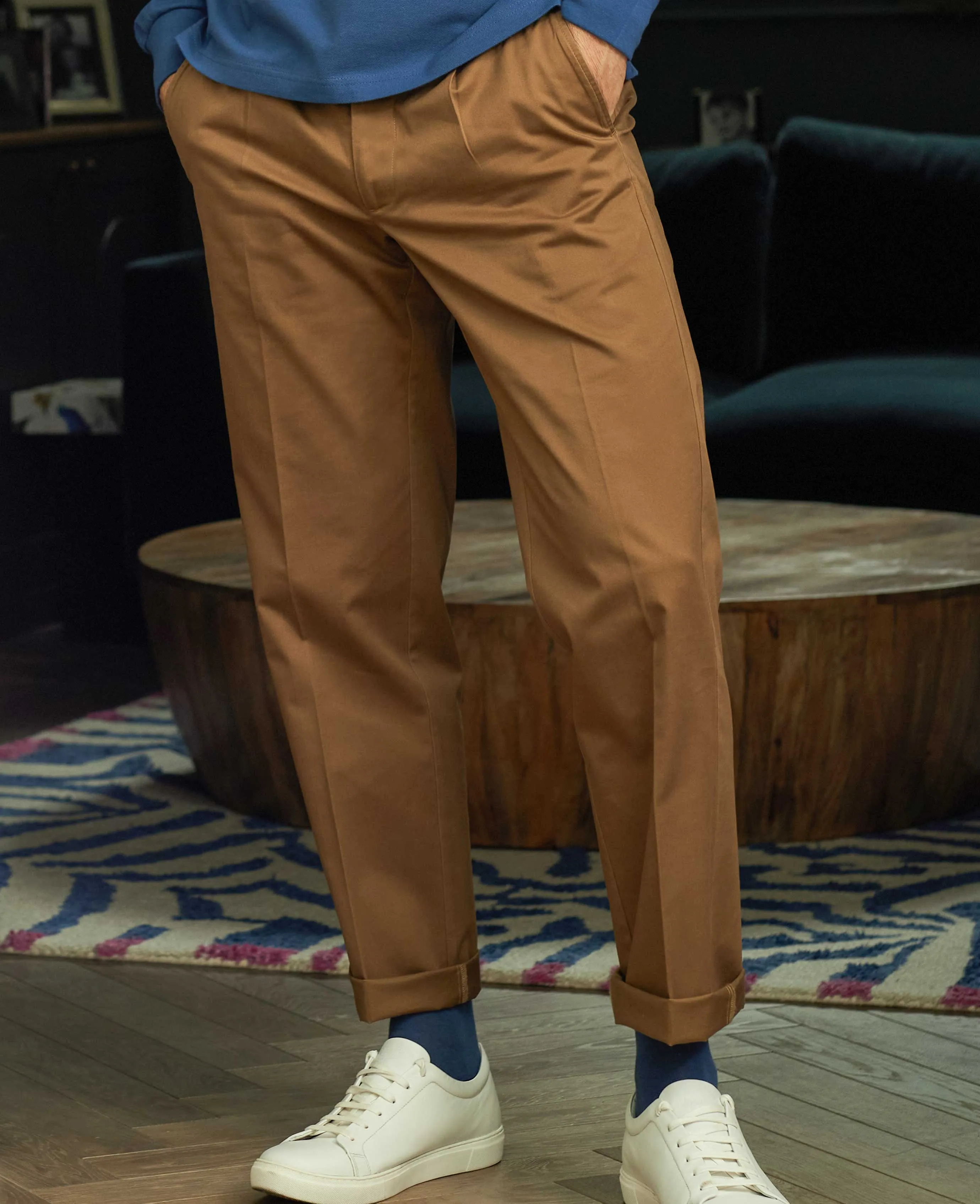 Cappuccino Brown Stretch Cotton Classic Fit Pleated Chinos