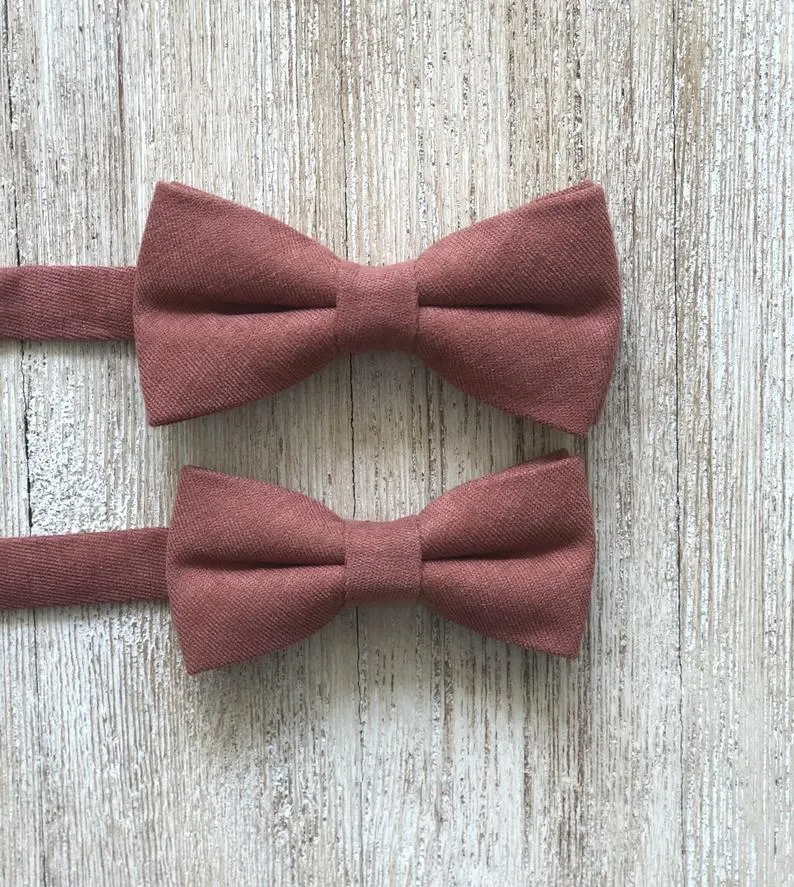 Caramel Brown Suspenders with Desert Coral Linen Pre-Tied Bow Tie