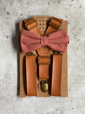 Caramel Leather Suspenders with Sedona Cotton Bow Tie Set