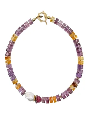 Citrine & Amethyst With Baroque Peals Necklace NN019