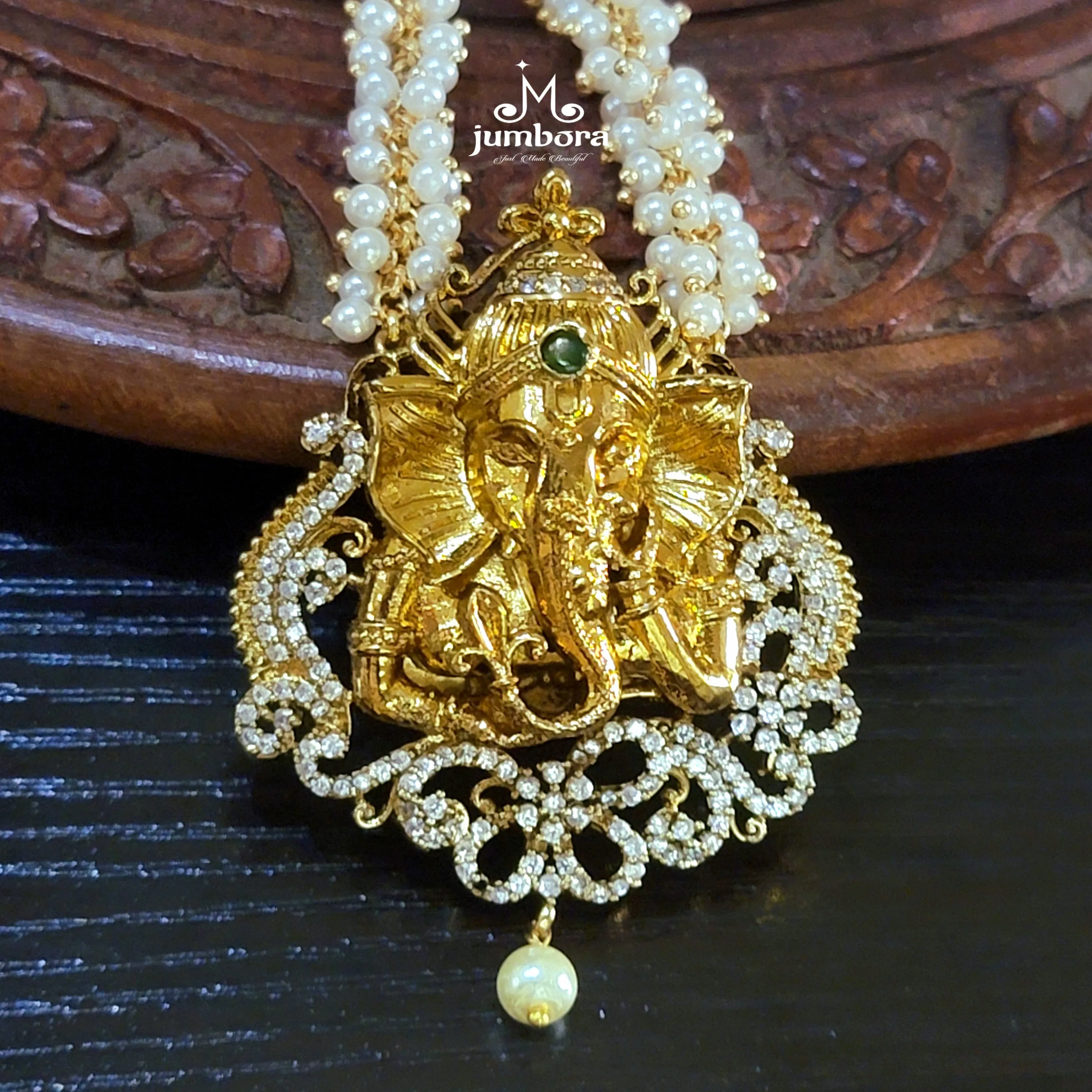 Cluster Pearl Ganesha AD Zircon (CZ) Temple Jewelry Necklace Set