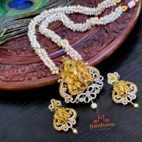 Cluster Pearl Ganesha AD Zircon (CZ) Temple Jewelry Necklace Set