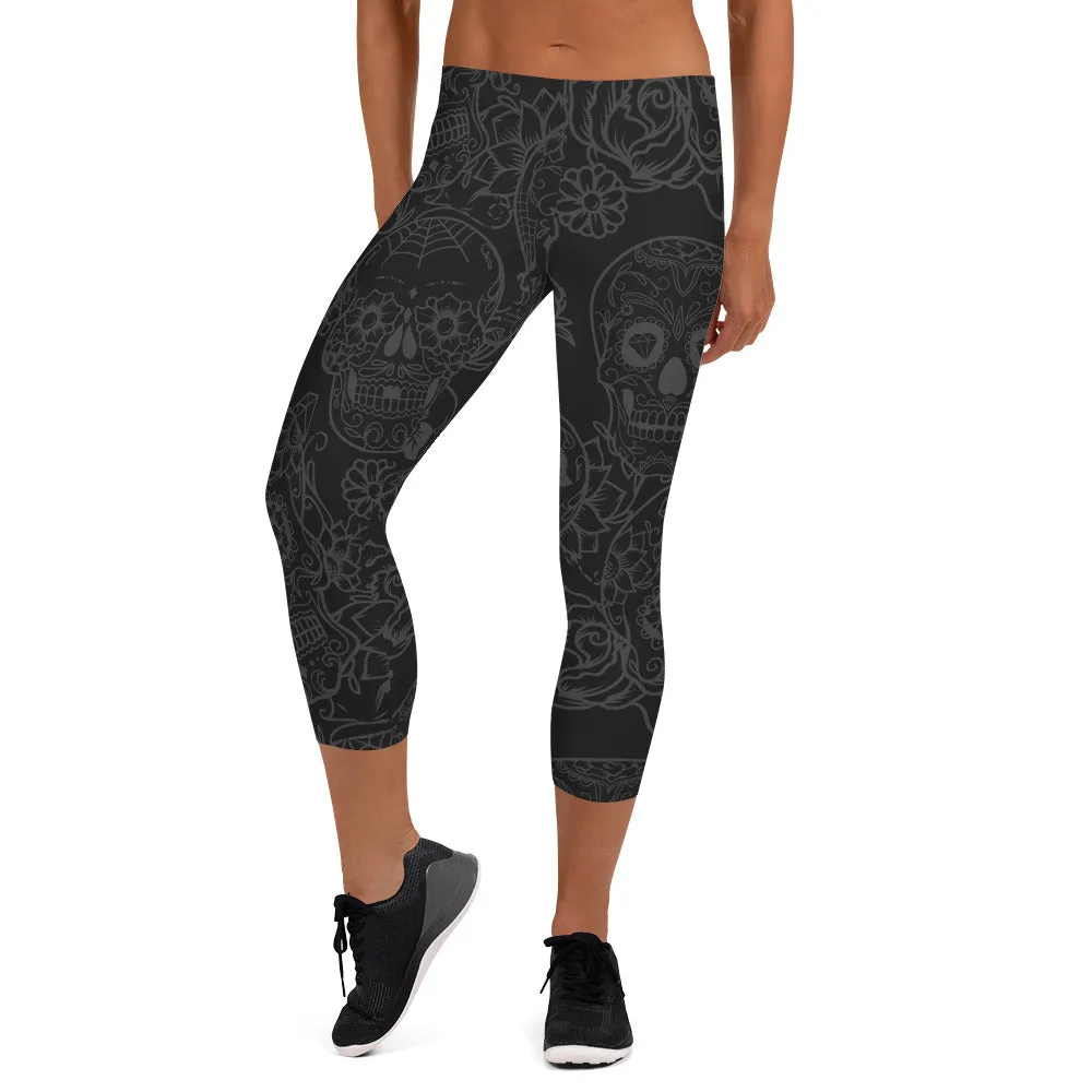 Dark Skull Outline Capri Leggings