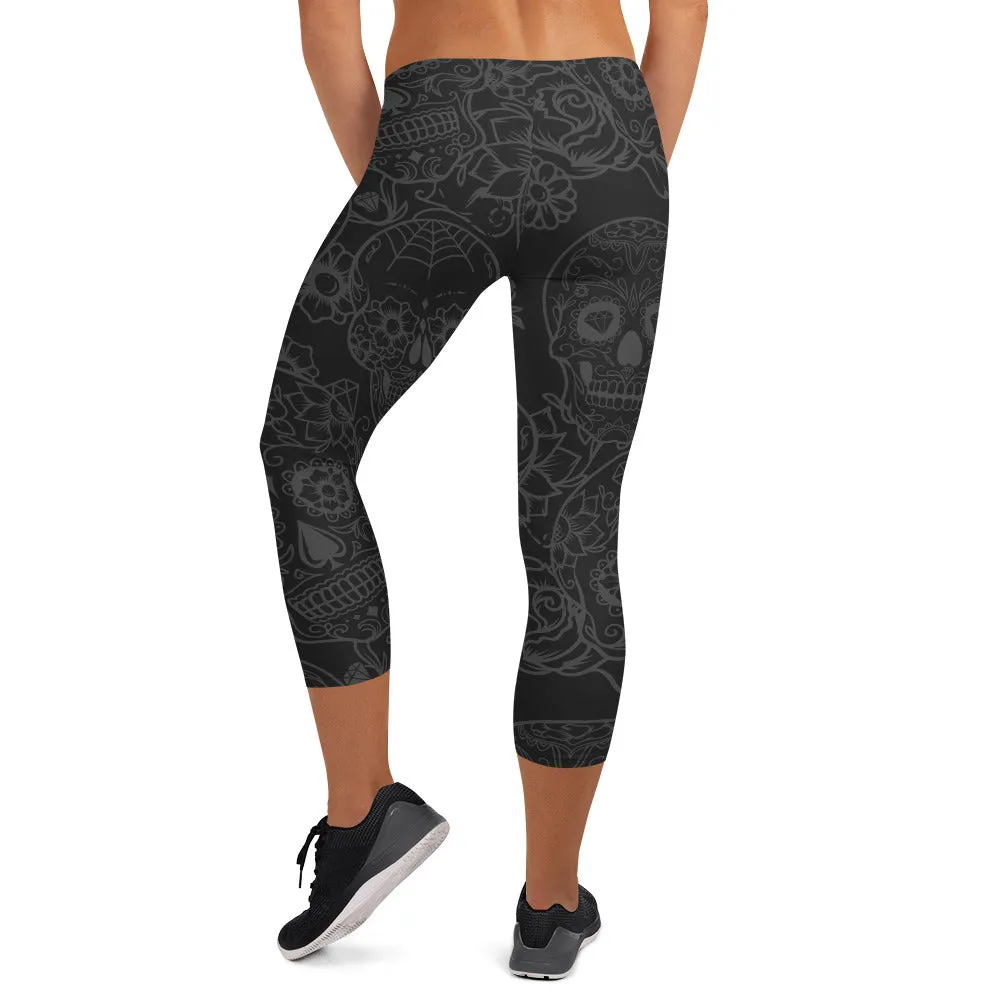 Dark Skull Outline Capri Leggings