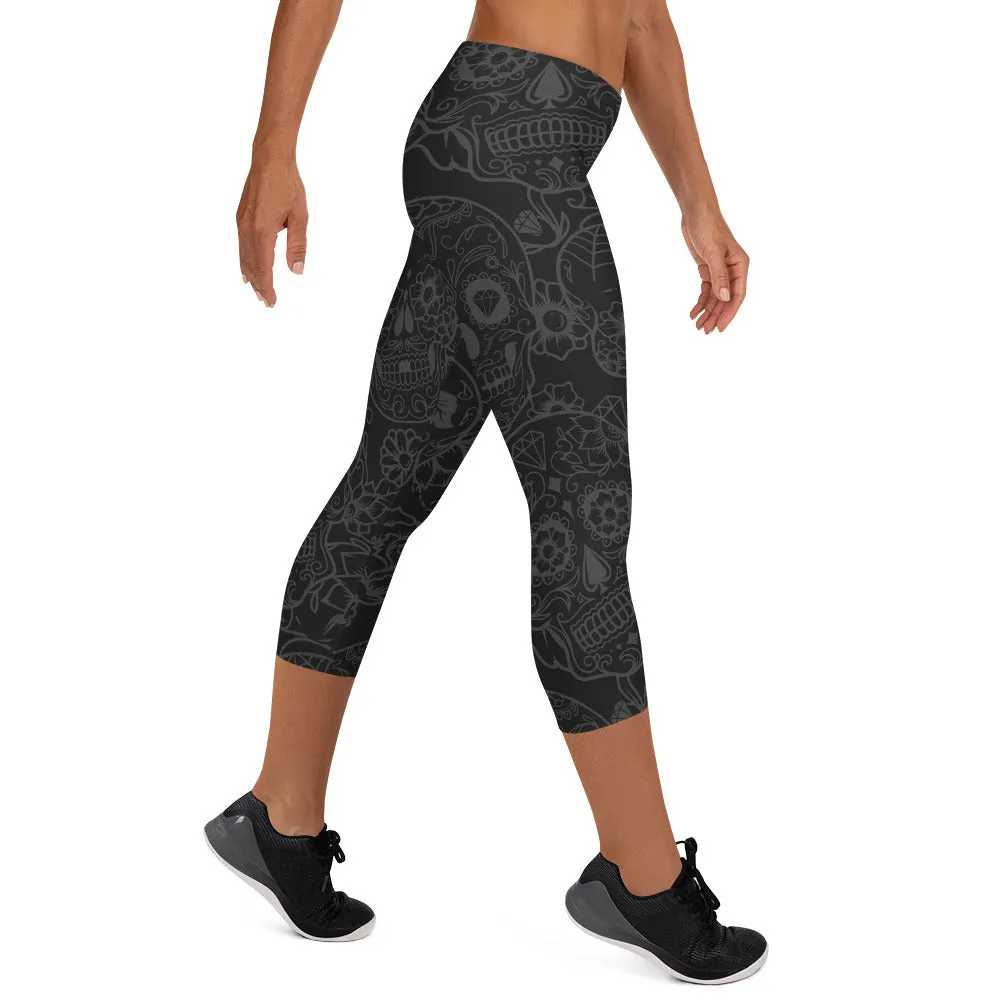 Dark Skull Outline Capri Leggings