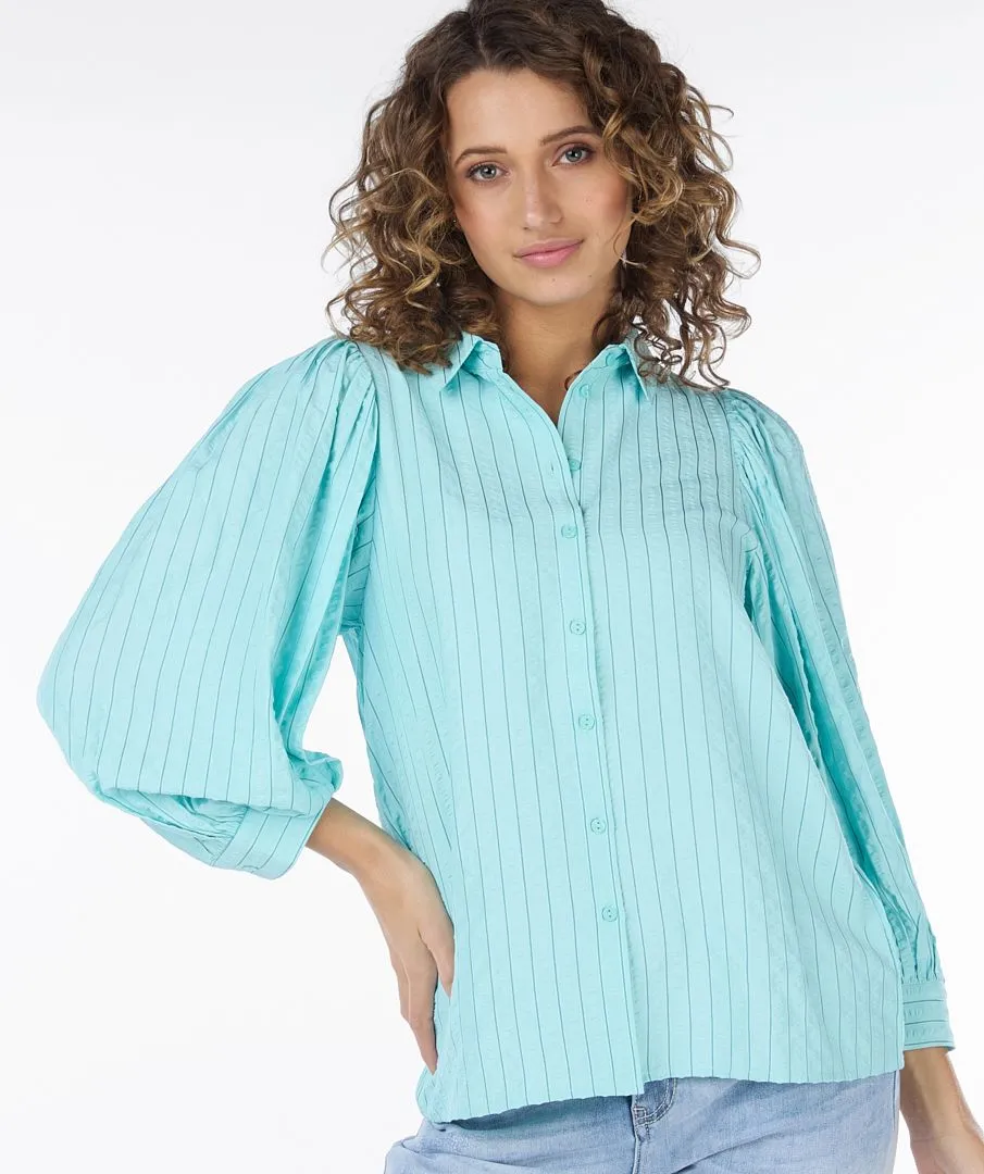 Esqualo Striped Seersucker Blouse in Pool Blue