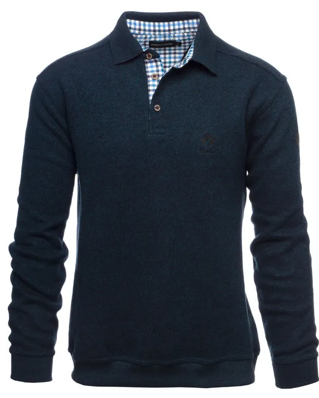 Ethnic Blue Polo Sweater, Dark Teal