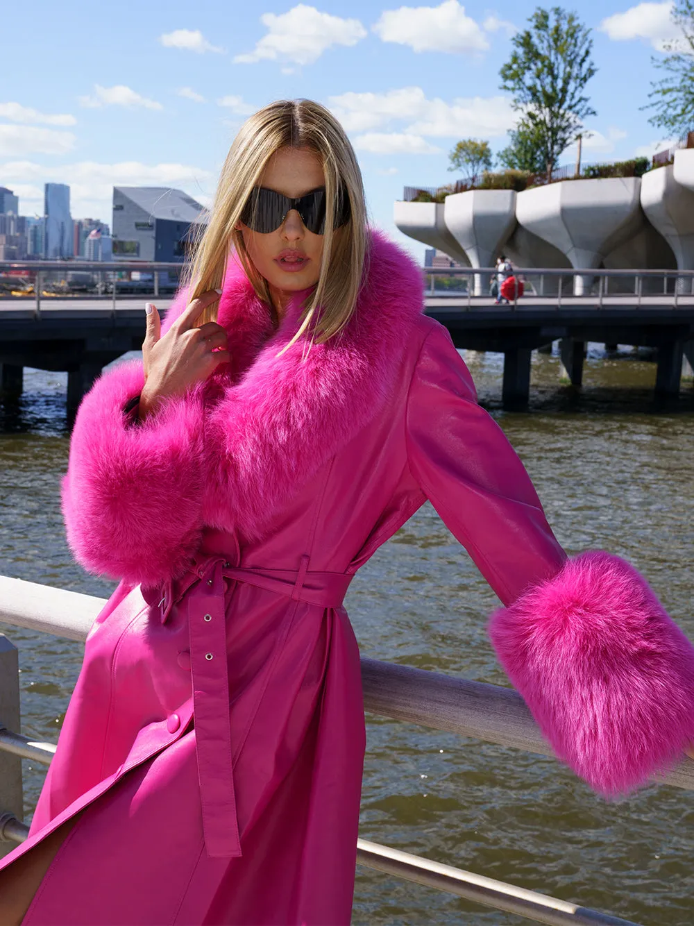 Faux Fur Genuine Leather Coat in Pink