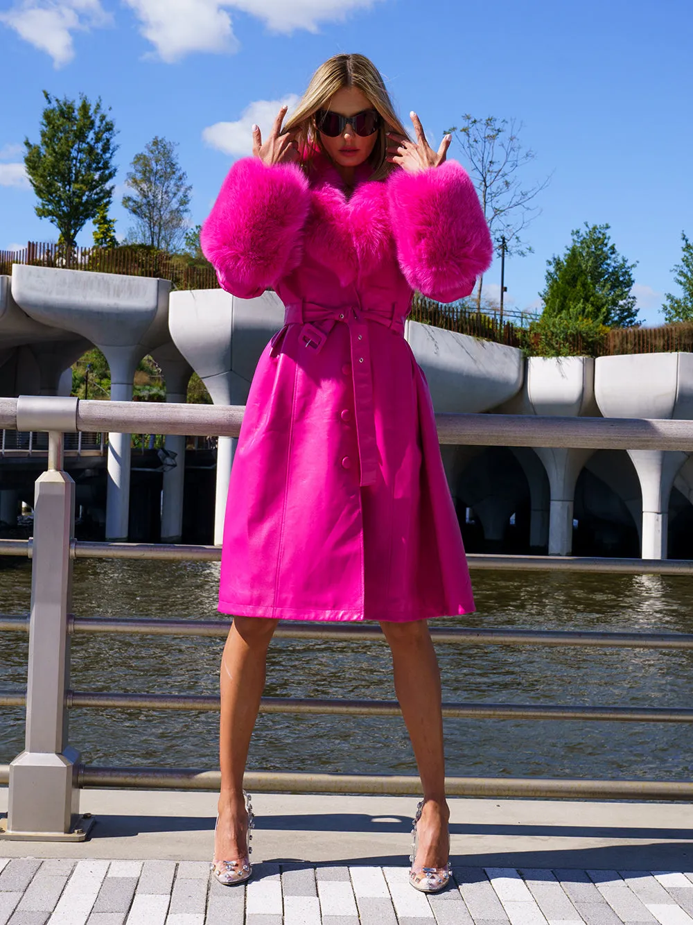 Faux Fur Genuine Leather Coat in Pink