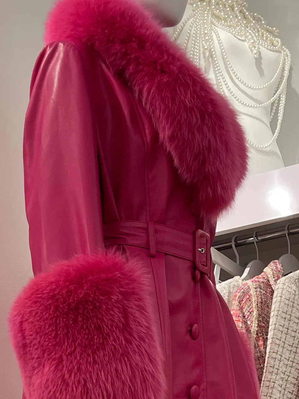 Faux Fur Genuine Leather Coat in Pink