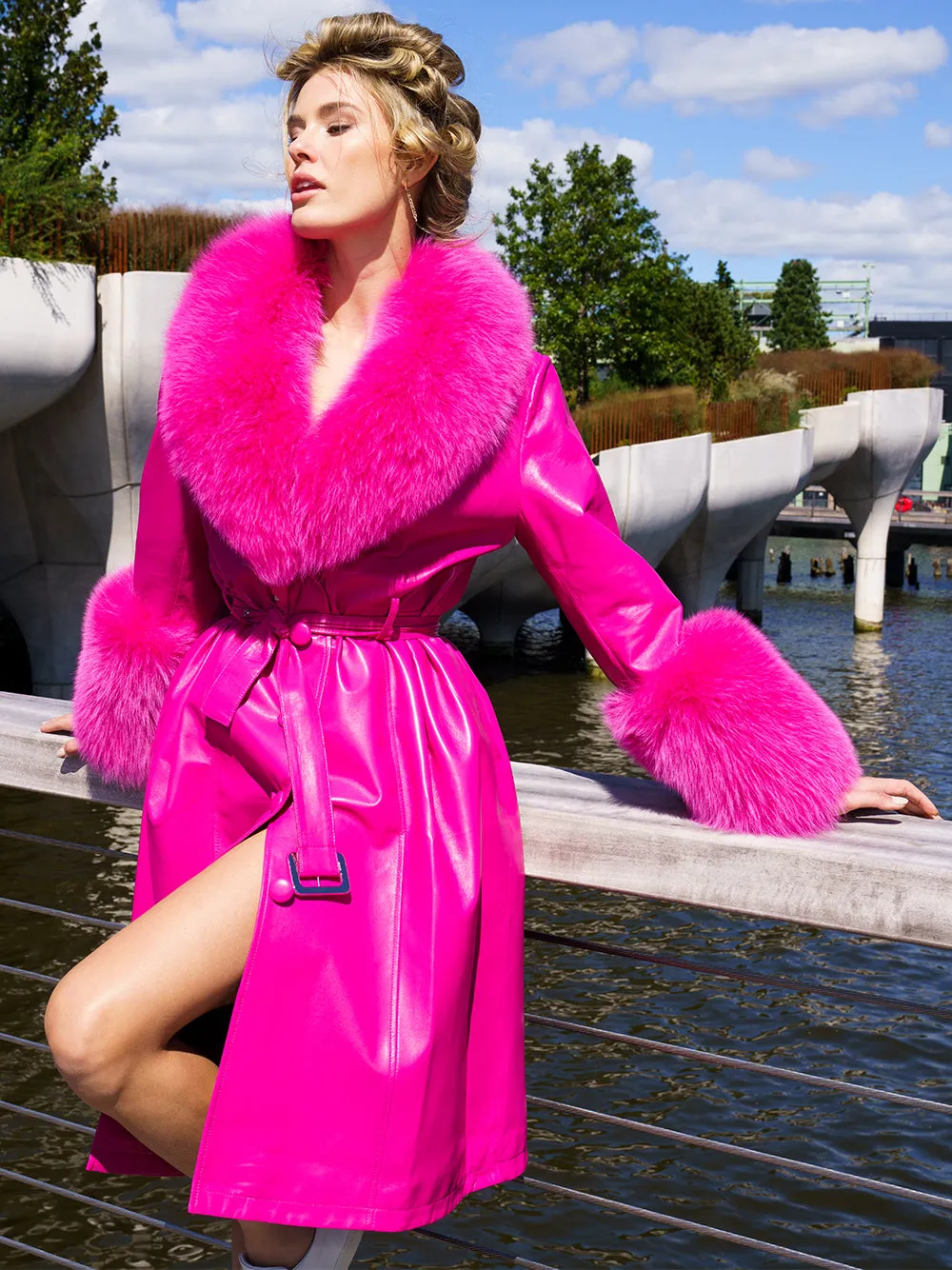 Faux Fur Genuine Leather Coat in Pink