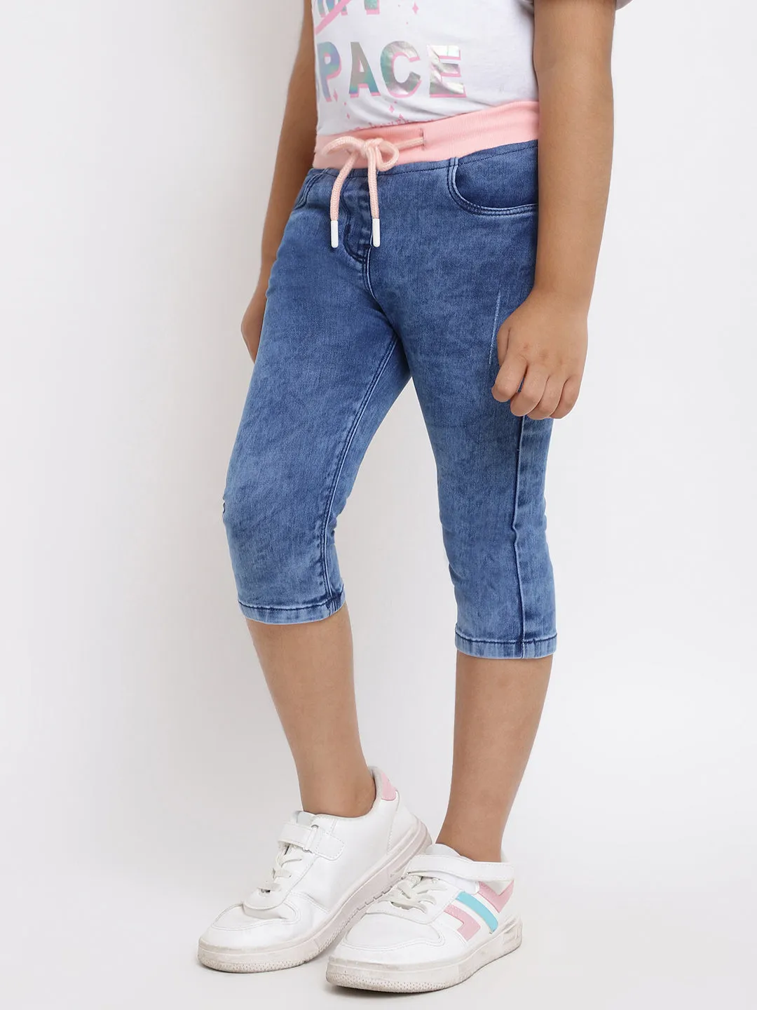 GIRLS SLIM FIT MID BLUE CAPRI WITH PEACH WAISTBAND