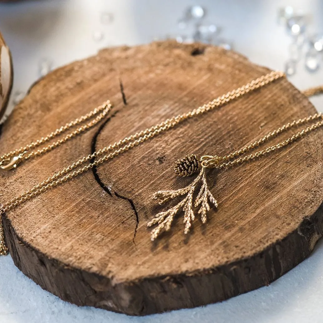 Gold Cedar Necklace & Sweet Gold Pinecone ~ Woodland Jewelry