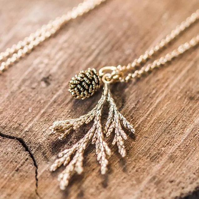 Gold Cedar Necklace & Sweet Gold Pinecone ~ Woodland Jewelry