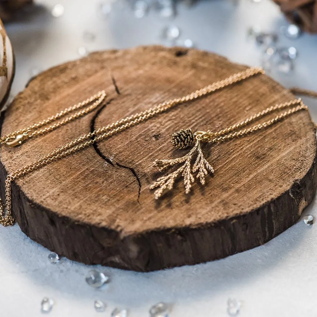 Gold Cedar Necklace & Sweet Gold Pinecone ~ Woodland Jewelry