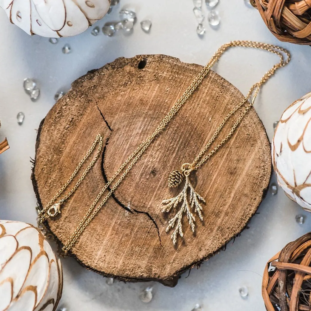 Gold Cedar Necklace & Sweet Gold Pinecone ~ Woodland Jewelry