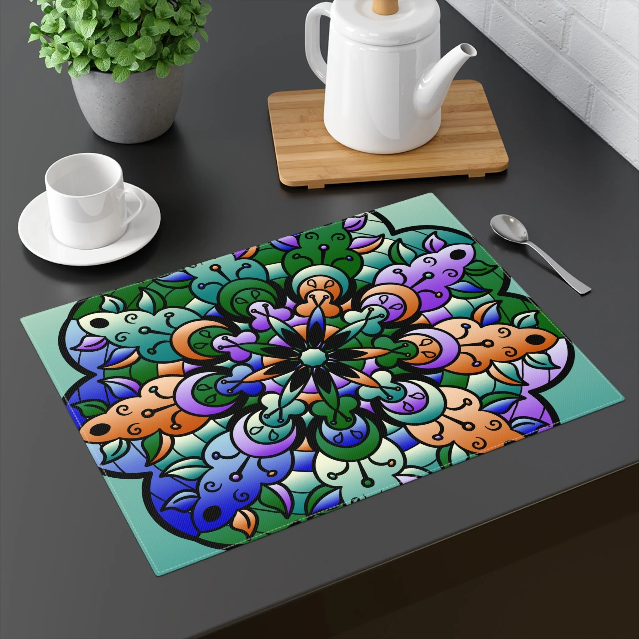 Hand Drawn Mandala Art Placemat - Green-Blue-Purple Orange