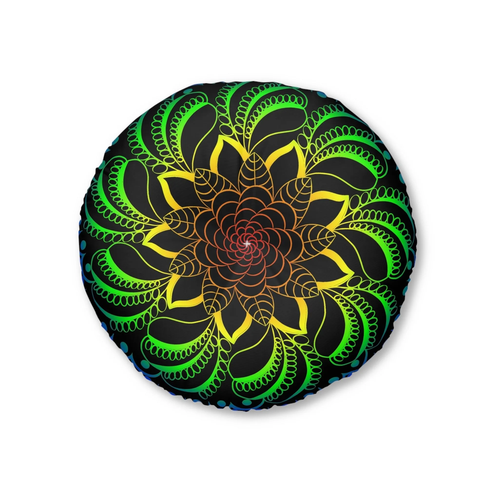 Handmade Mandala Art Floor Cushion - Rainbow on Black - Tufted Round