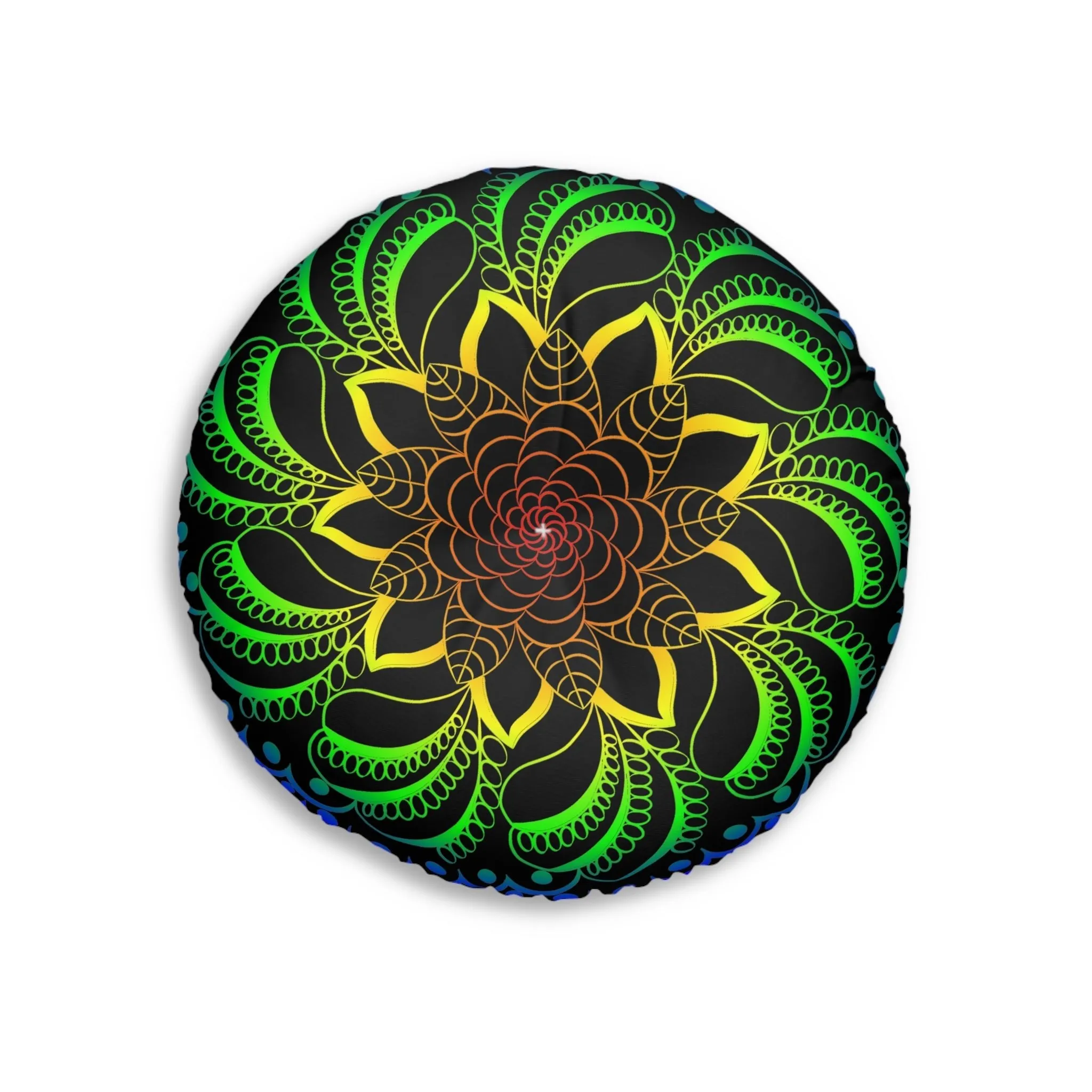 Handmade Mandala Art Floor Cushion - Rainbow on Black - Tufted Round