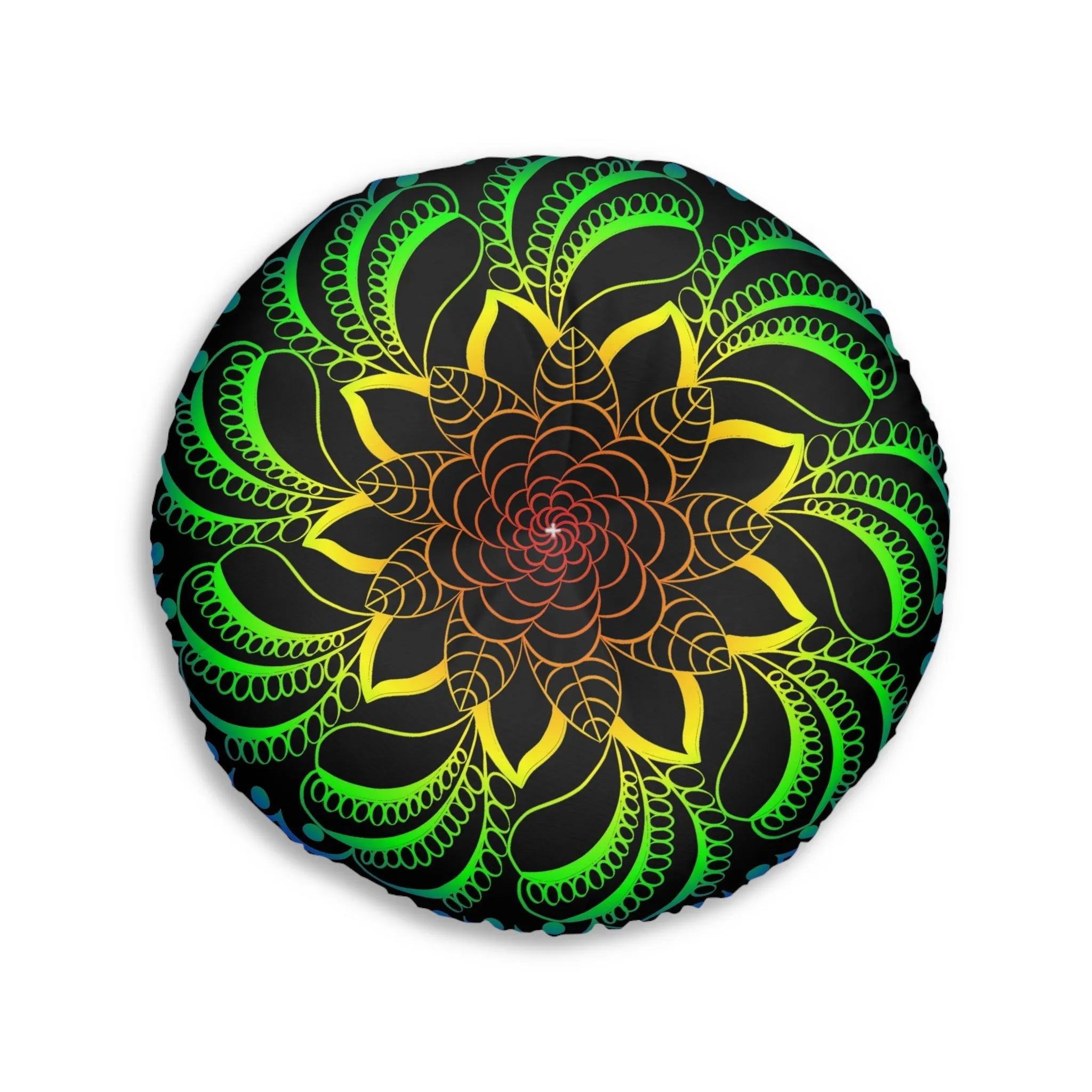 Handmade Mandala Art Floor Cushion - Rainbow on Black - Tufted Round