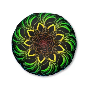 Handmade Mandala Art Floor Cushion - Rainbow on Black - Tufted Round