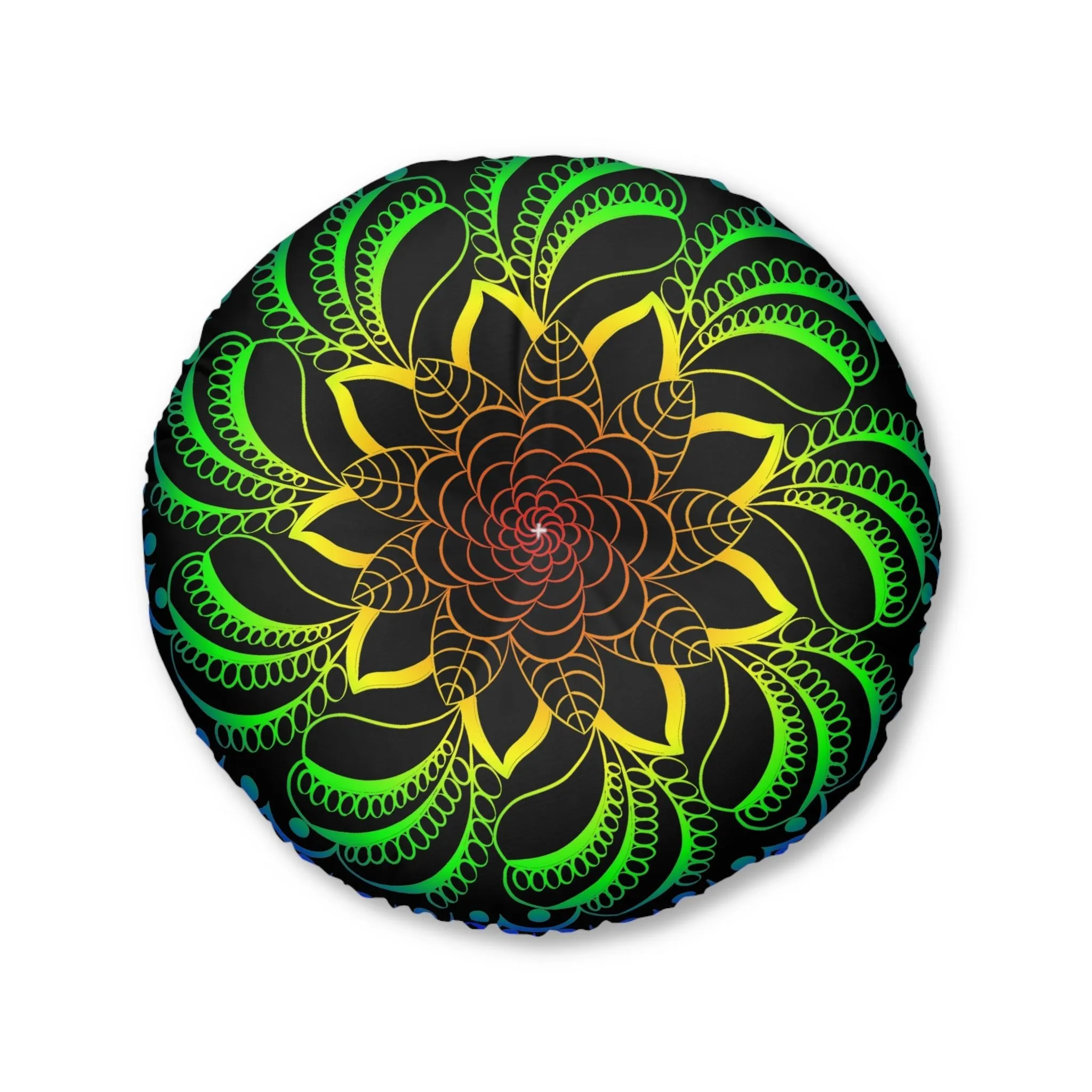 Handmade Mandala Art Floor Cushion - Rainbow on Black - Tufted Round