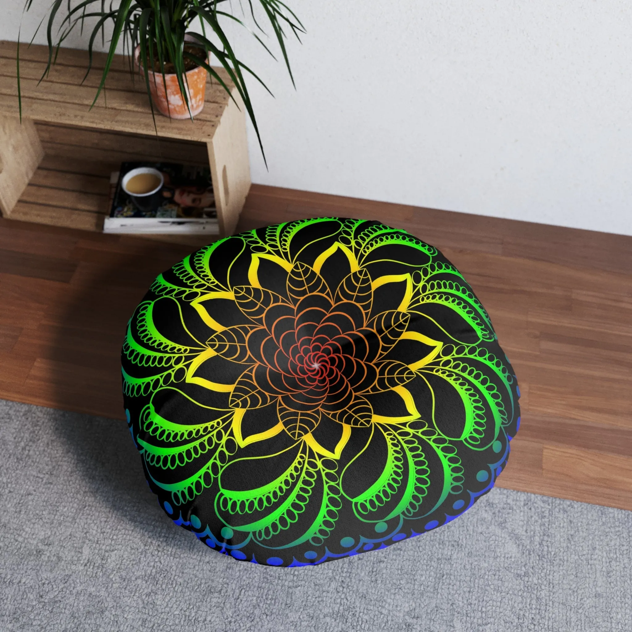 Handmade Mandala Art Floor Cushion - Rainbow on Black - Tufted Round