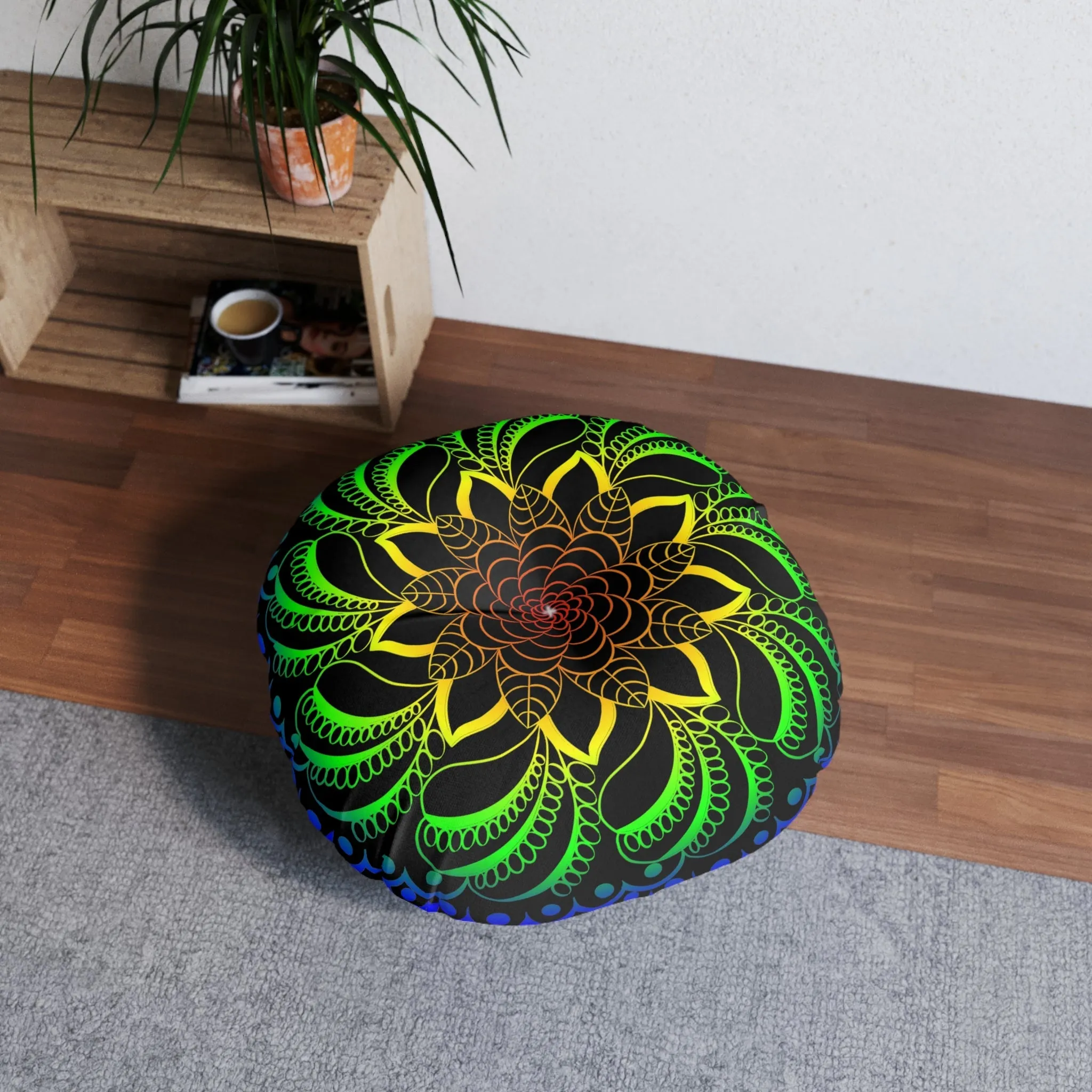 Handmade Mandala Art Floor Cushion - Rainbow on Black - Tufted Round