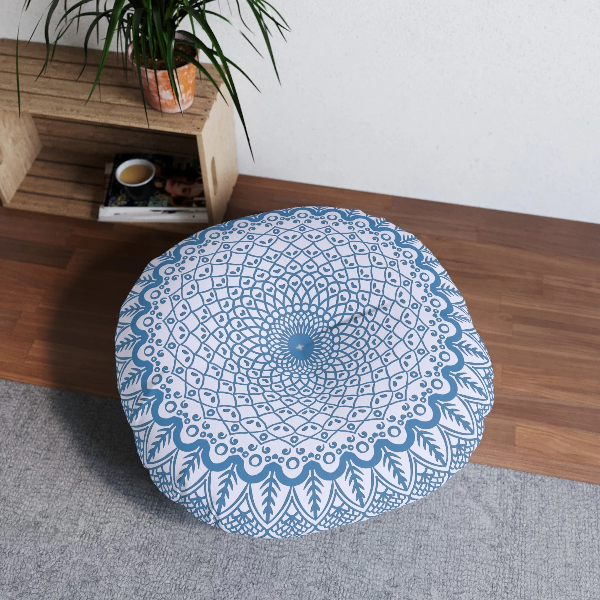 Handmade Mandala Art Floor Cushion - Steel Blue on Lavender - Round