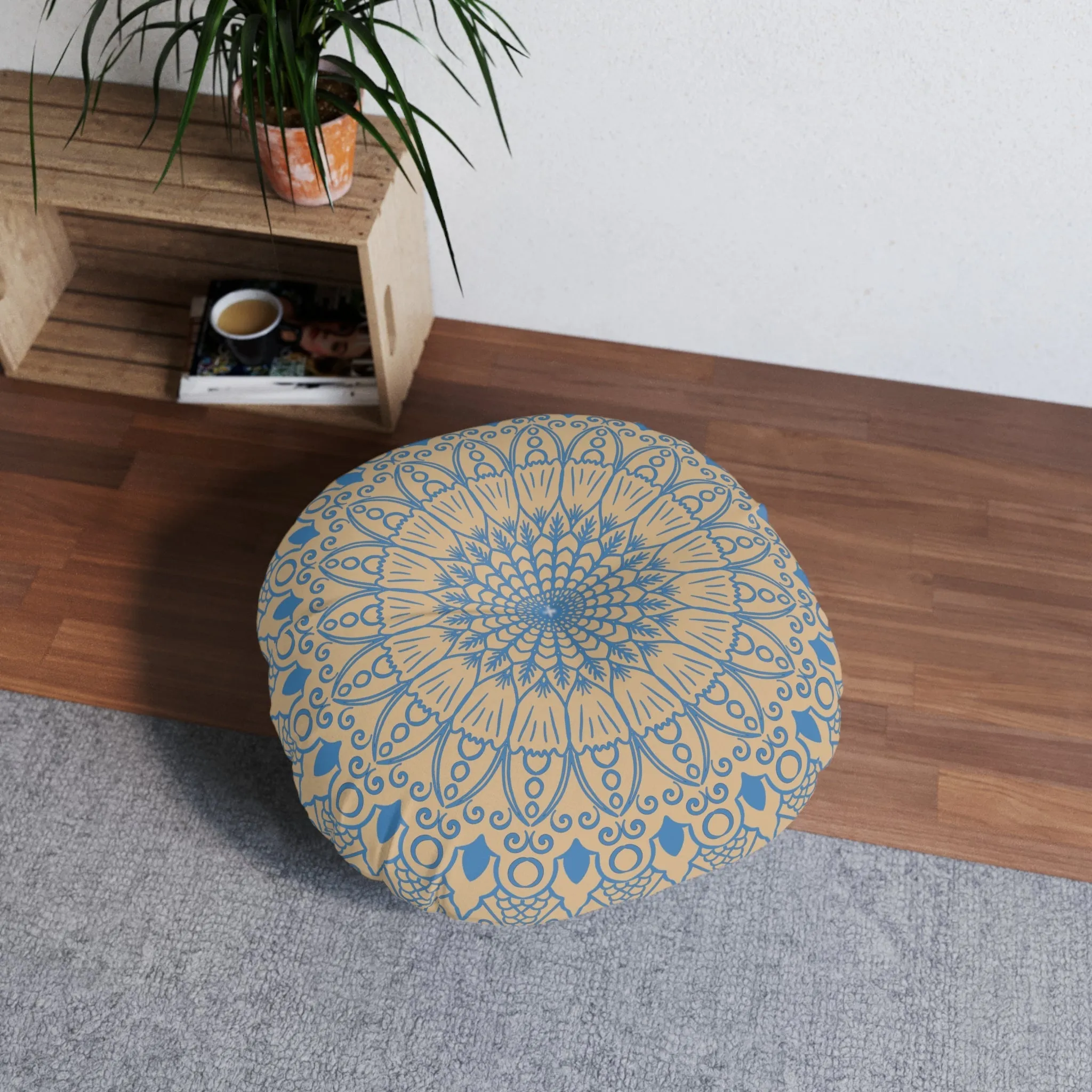 Handmade Mandala Art Floor Cushion - Steel Blue on Tan Background