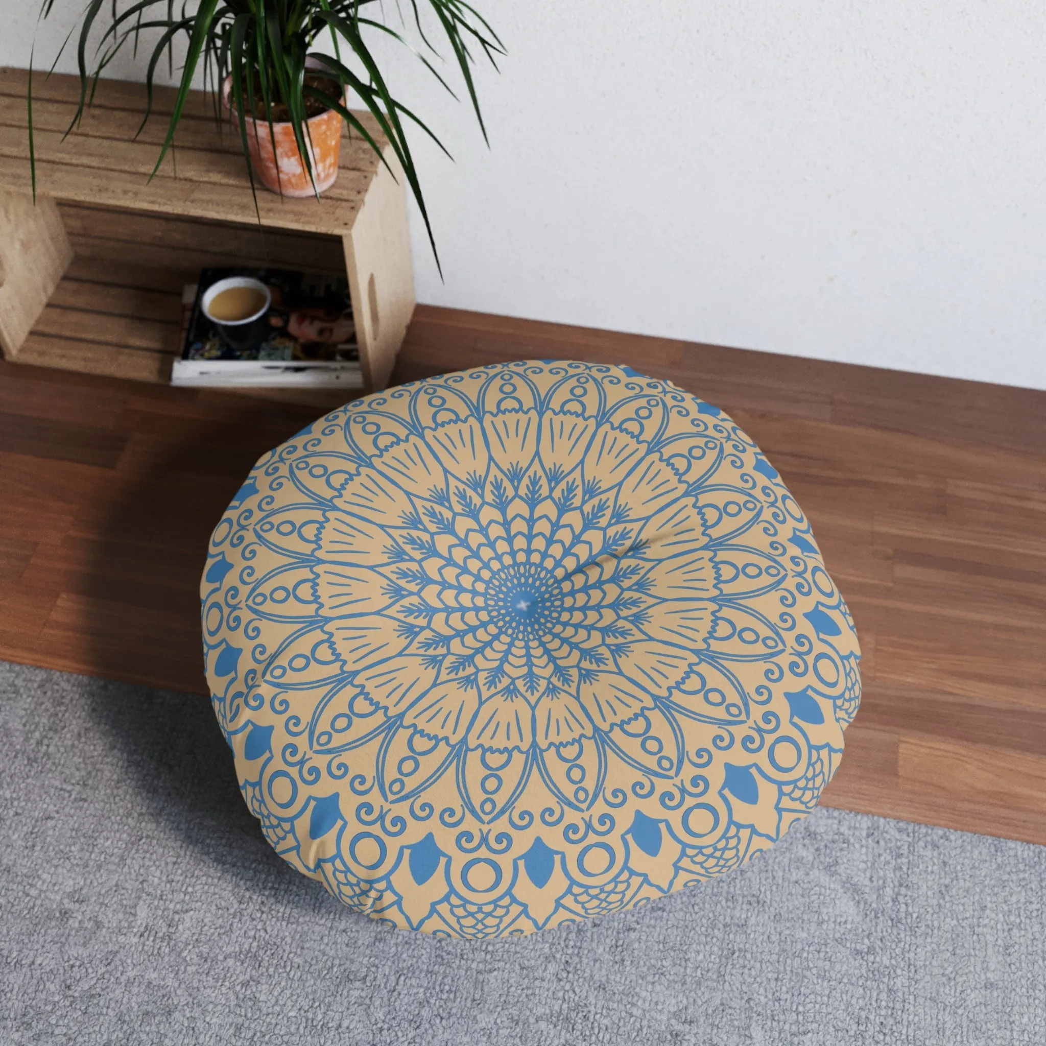 Handmade Mandala Art Floor Cushion - Steel Blue on Tan Background