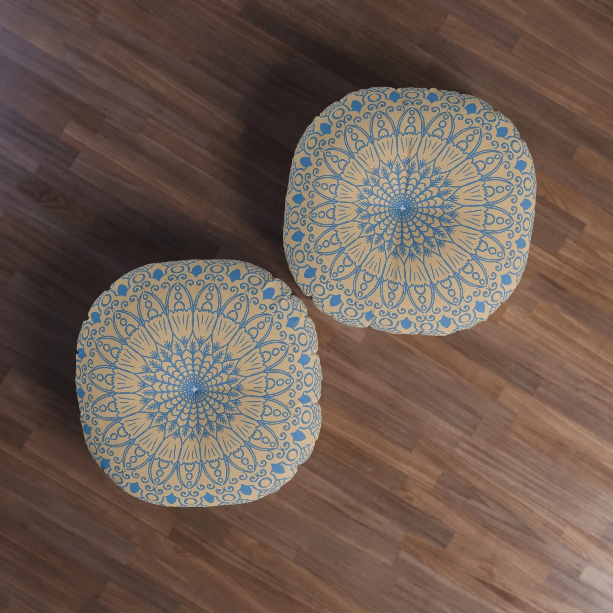 Handmade Mandala Art Floor Cushion - Steel Blue on Tan Background