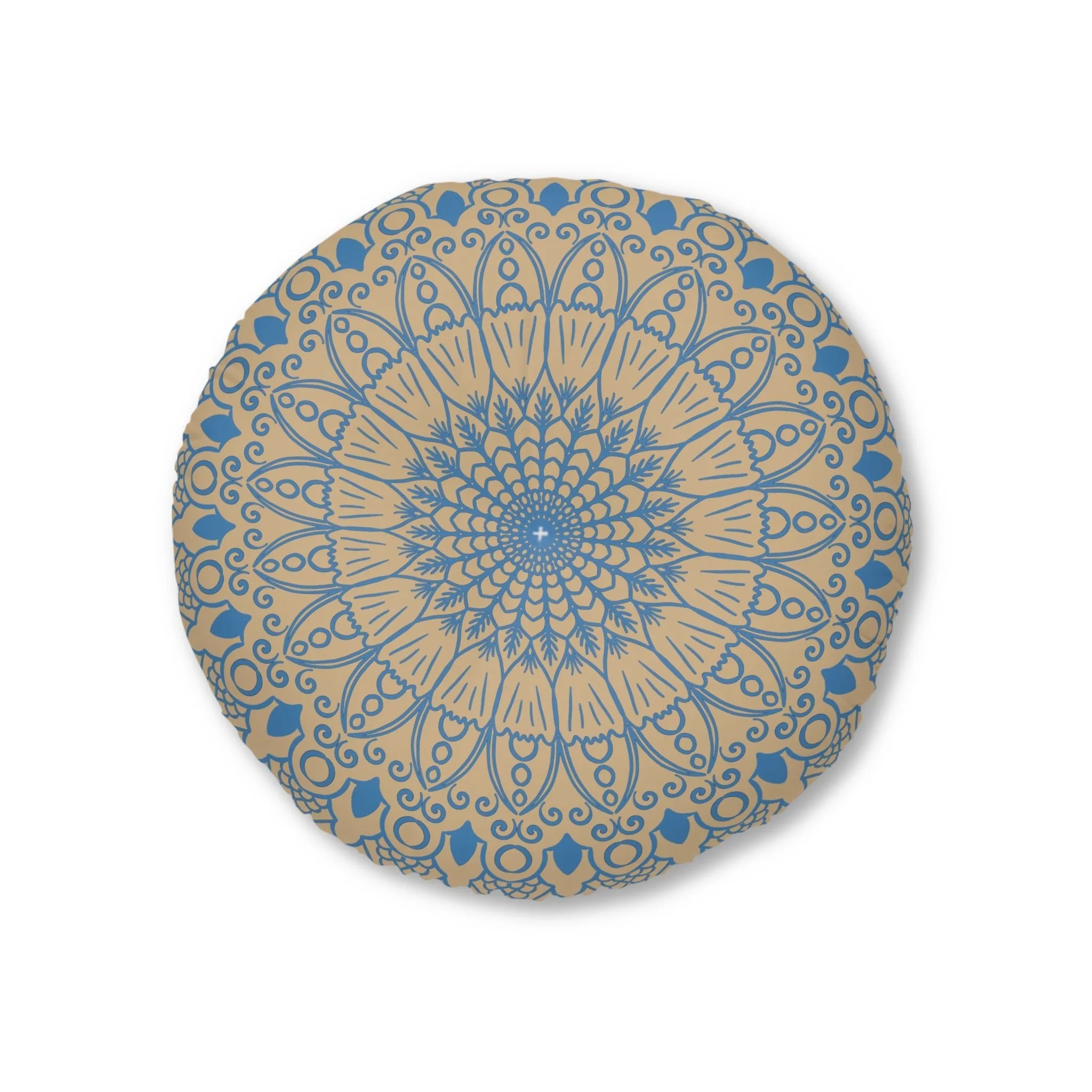 Handmade Mandala Art Floor Cushion - Steel Blue on Tan Background