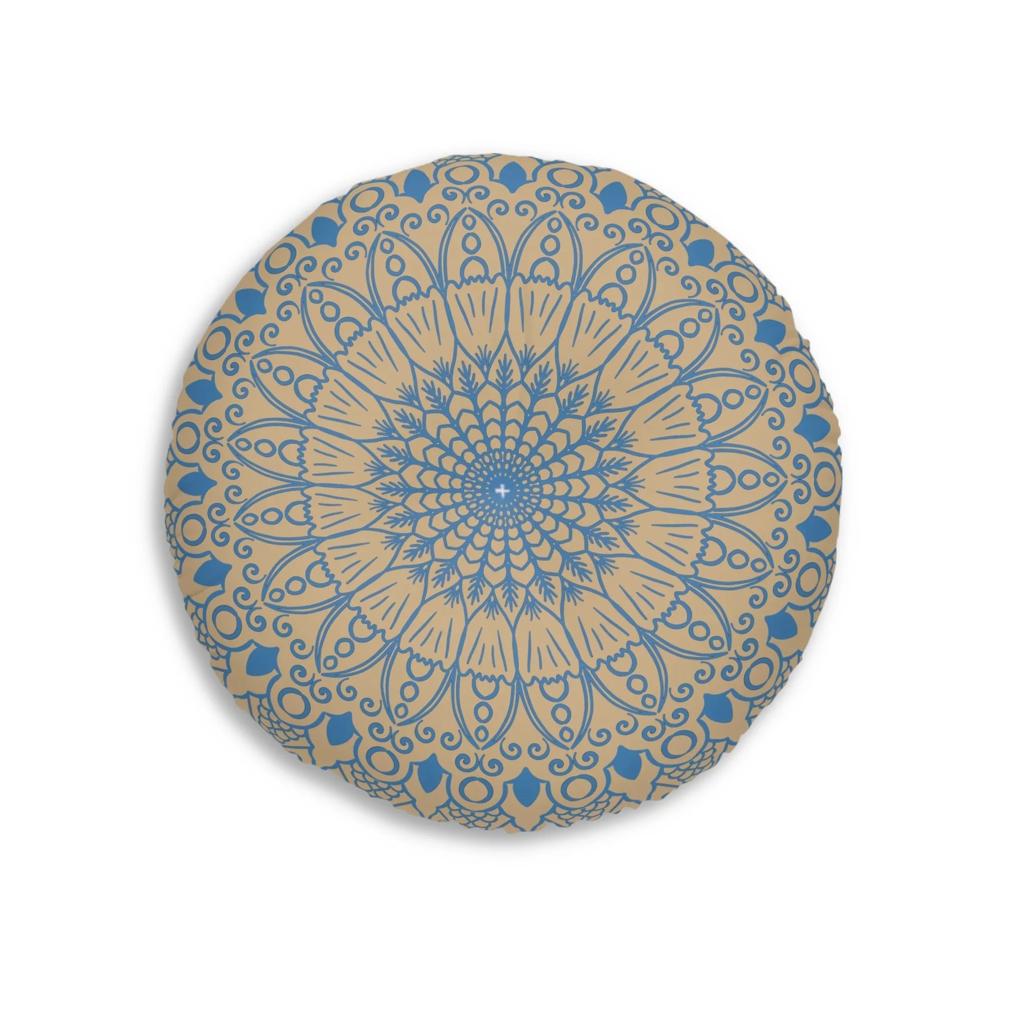 Handmade Mandala Art Floor Cushion - Steel Blue on Tan Background