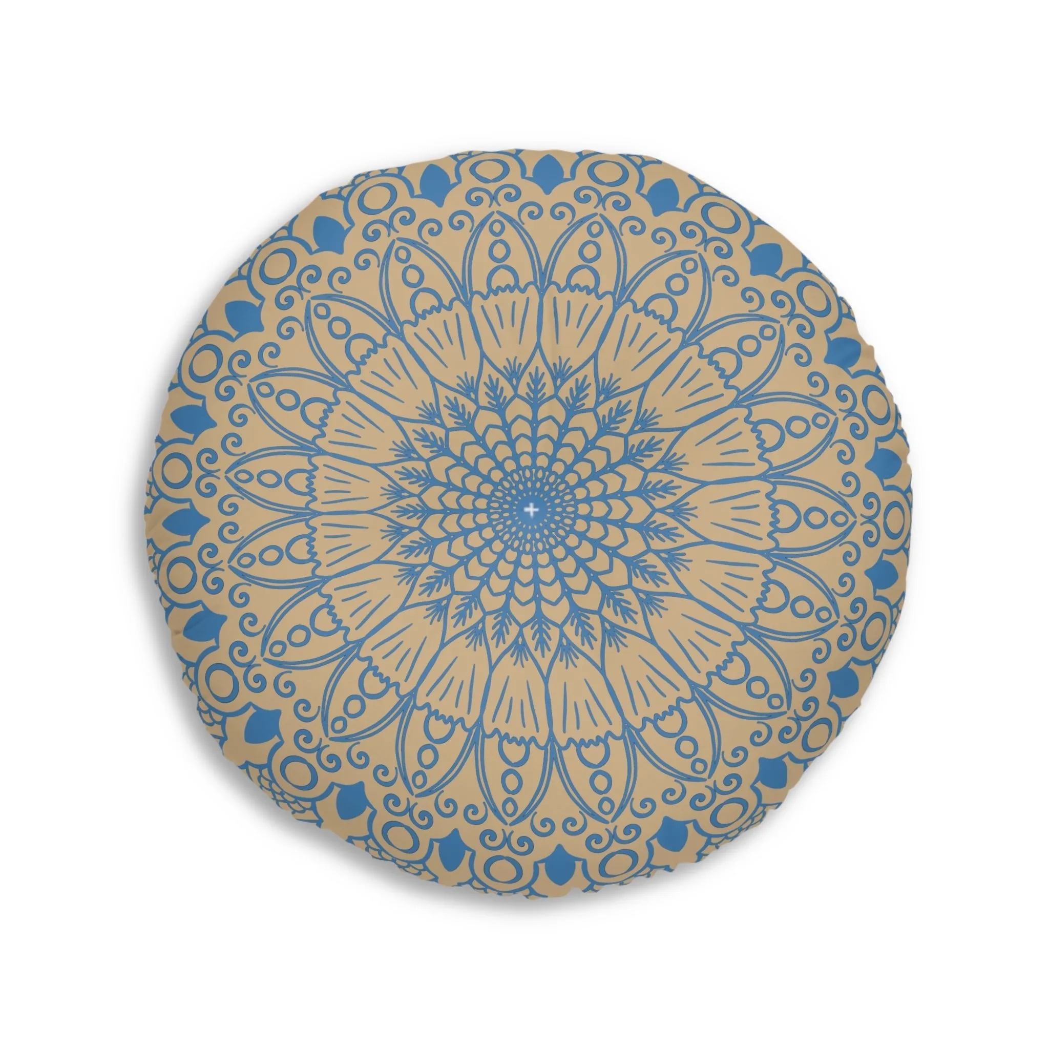 Handmade Mandala Art Floor Cushion - Steel Blue on Tan Background