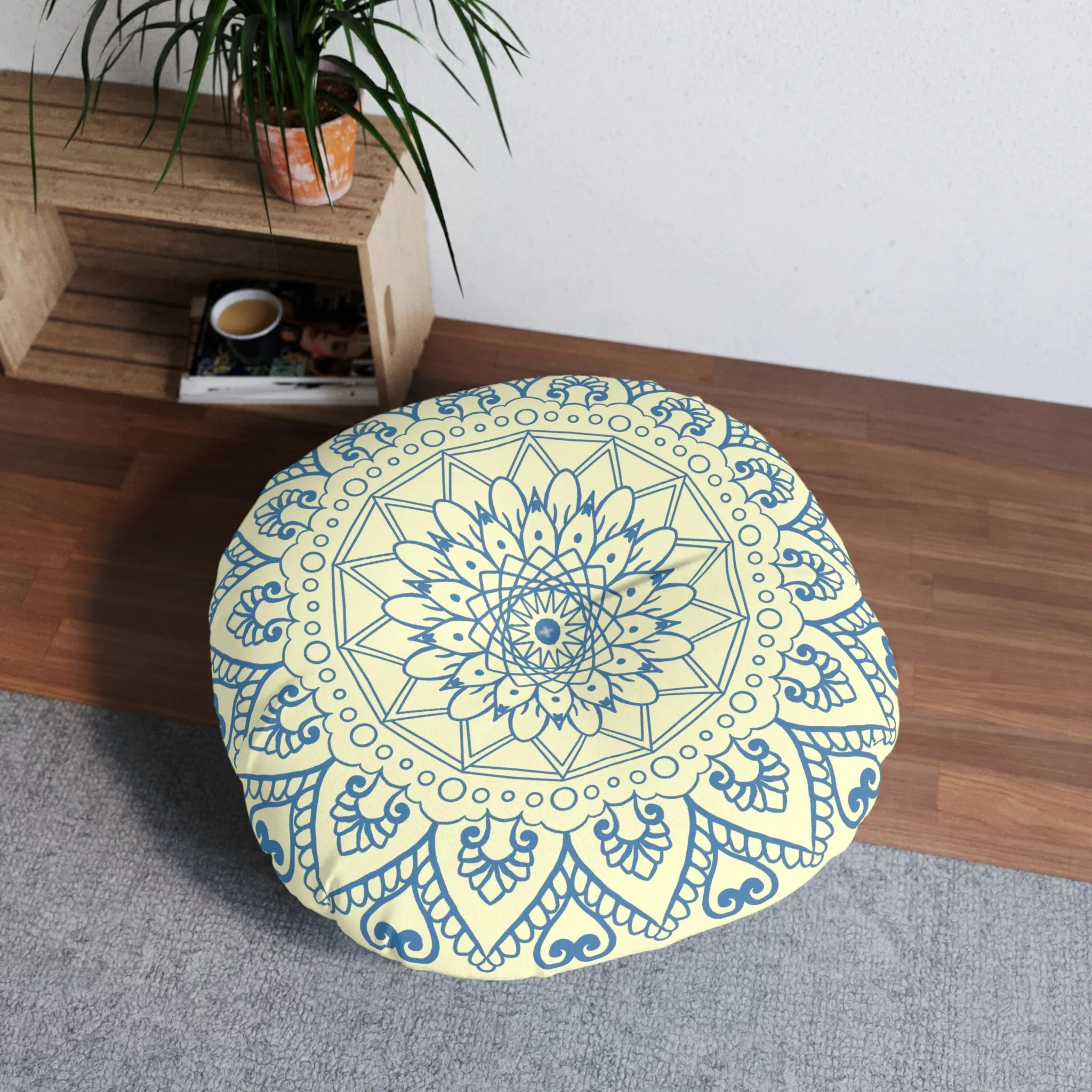 Handmade Mandala Art Tufted Floor Pillow - Steel Blue Cream Background