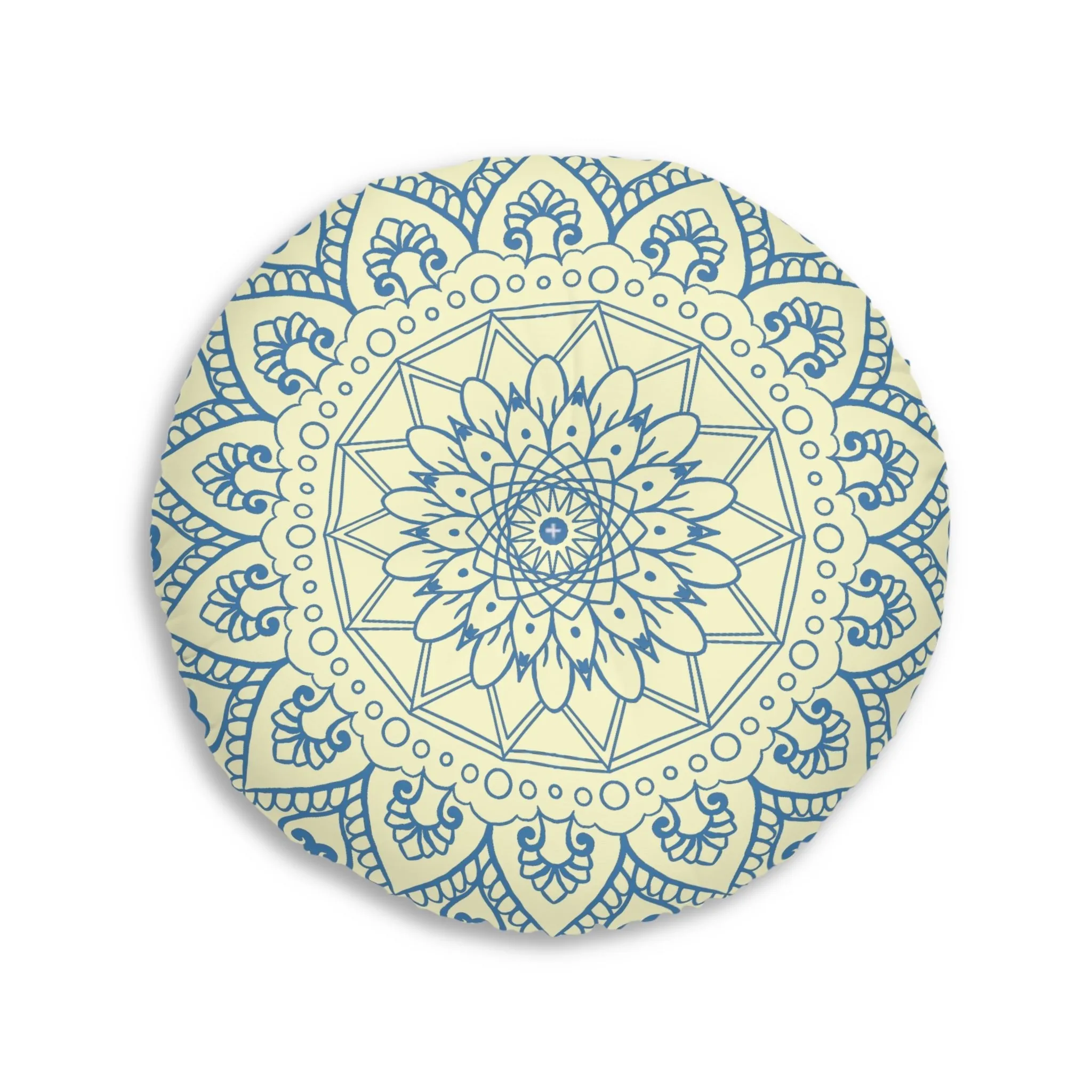 Handmade Mandala Art Tufted Floor Pillow - Steel Blue Cream Background