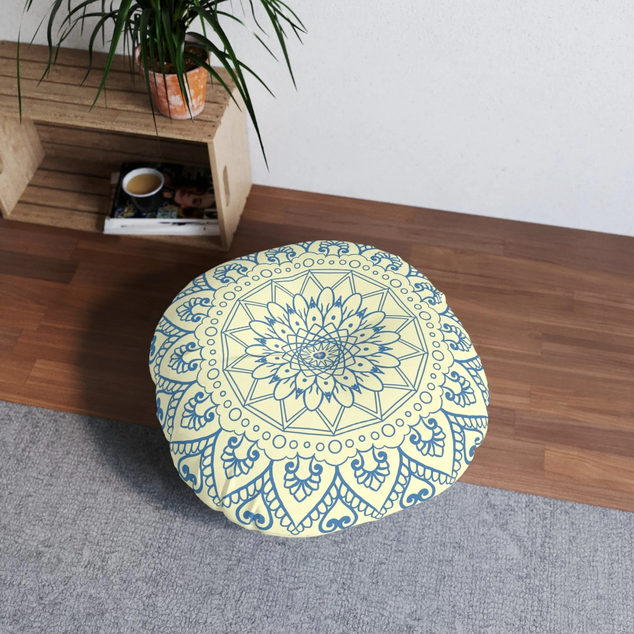 Handmade Mandala Art Tufted Floor Pillow - Steel Blue Cream Background