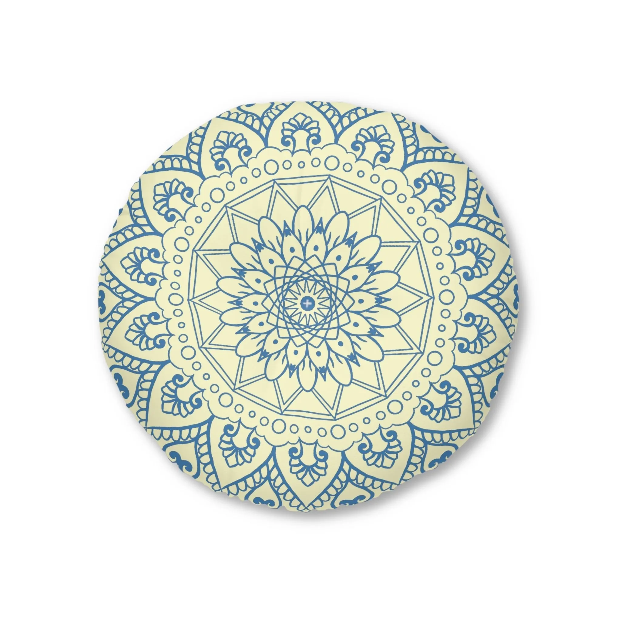 Handmade Mandala Art Tufted Floor Pillow - Steel Blue Cream Background