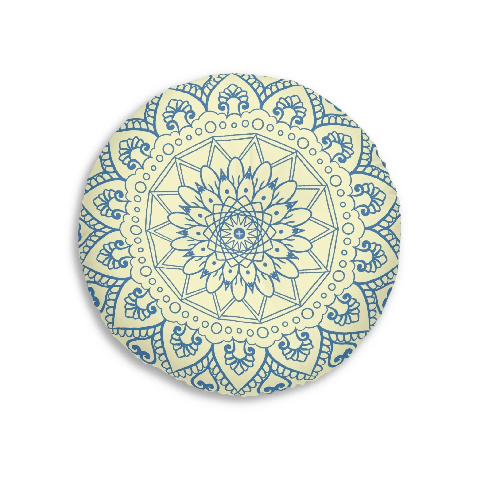 Handmade Mandala Art Tufted Floor Pillow - Steel Blue Cream Background