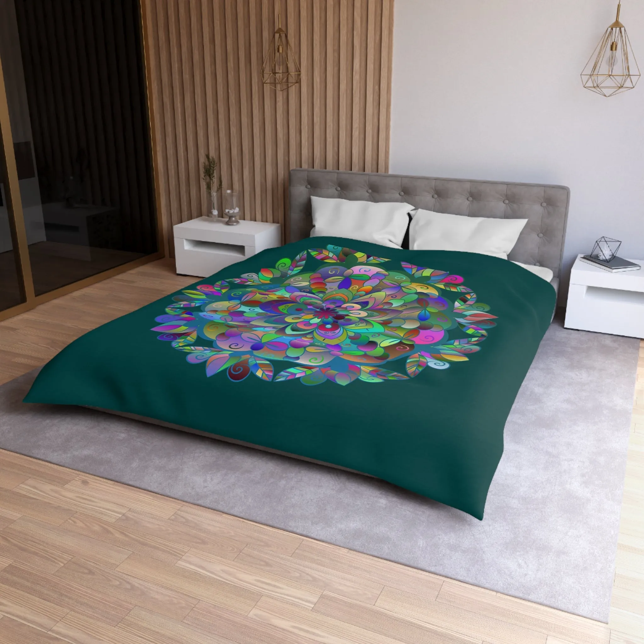 Handmade Mandala Design Microfiber Duvet Cover - Colorful Mandala on Dark Petroleum Green