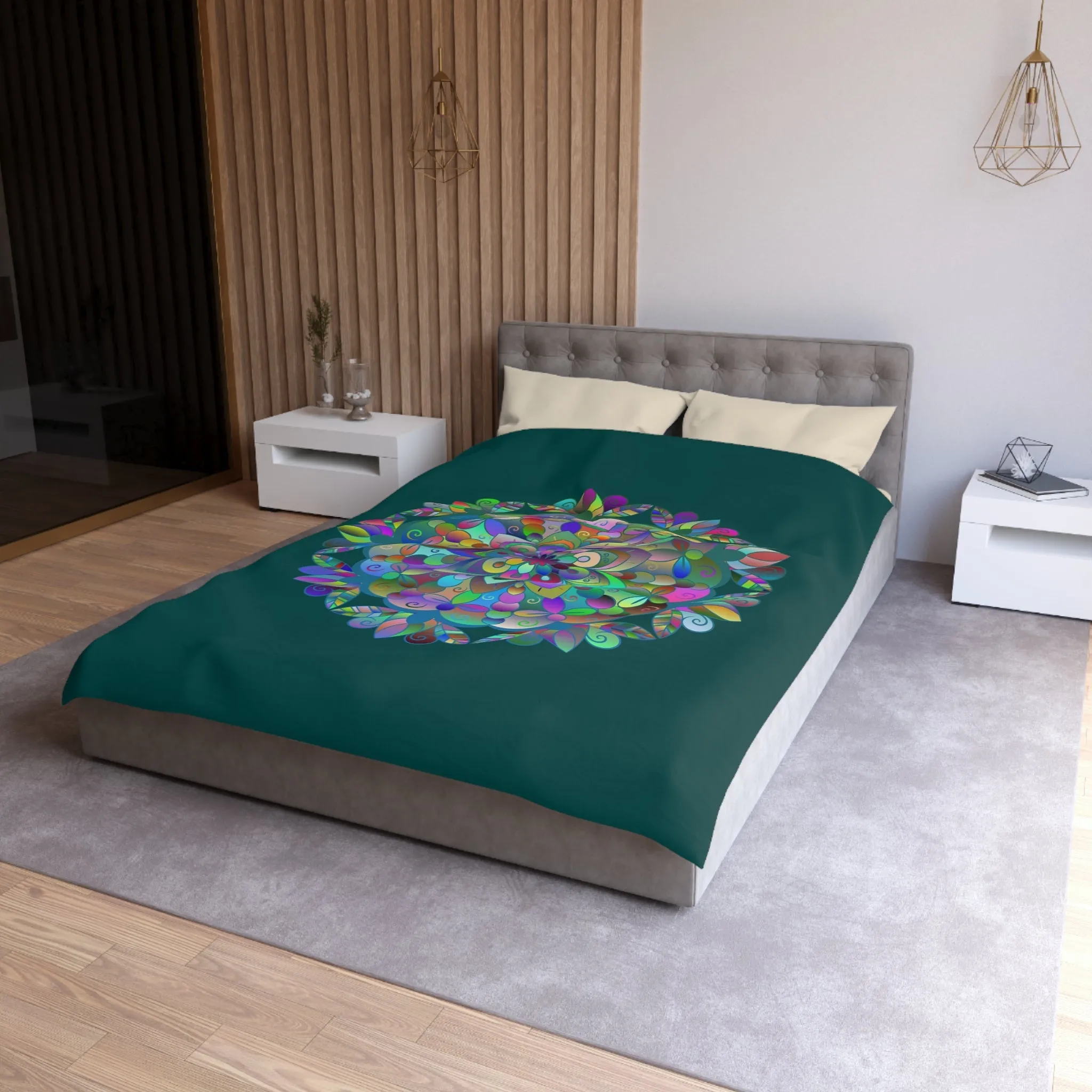 Handmade Mandala Design Microfiber Duvet Cover - Colorful Mandala on Dark Petroleum Green