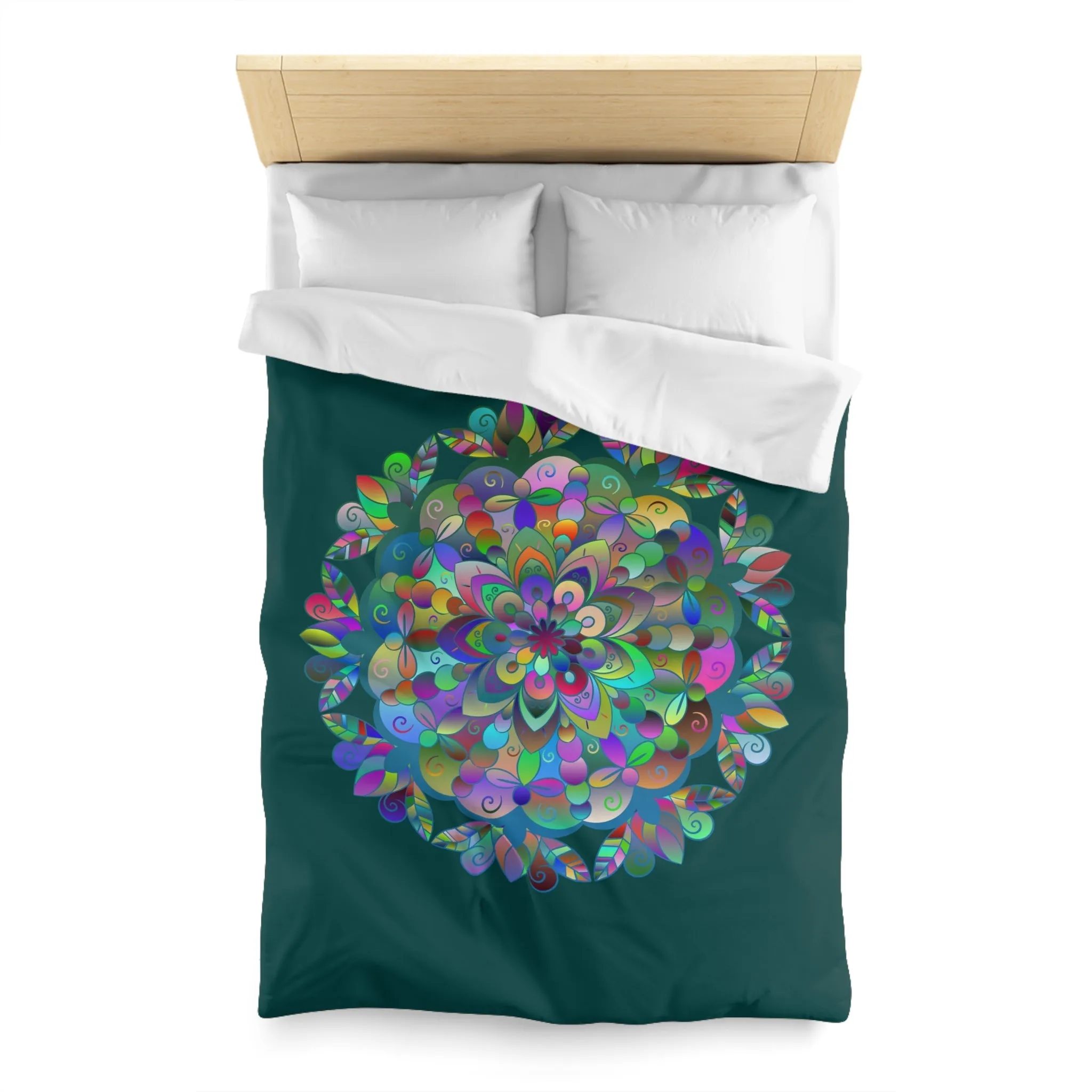 Handmade Mandala Design Microfiber Duvet Cover - Colorful Mandala on Dark Petroleum Green