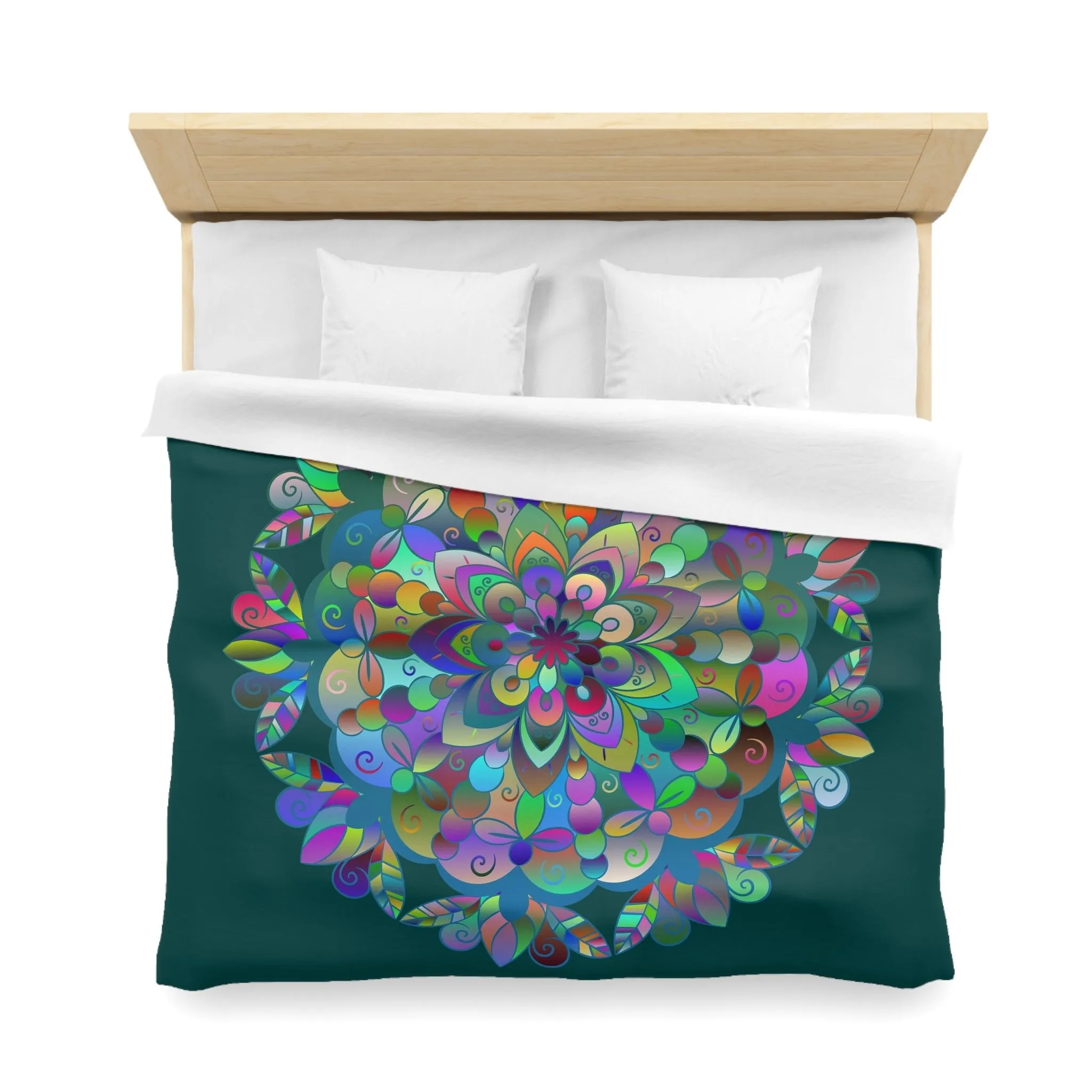 Handmade Mandala Design Microfiber Duvet Cover - Colorful Mandala on Dark Petroleum Green